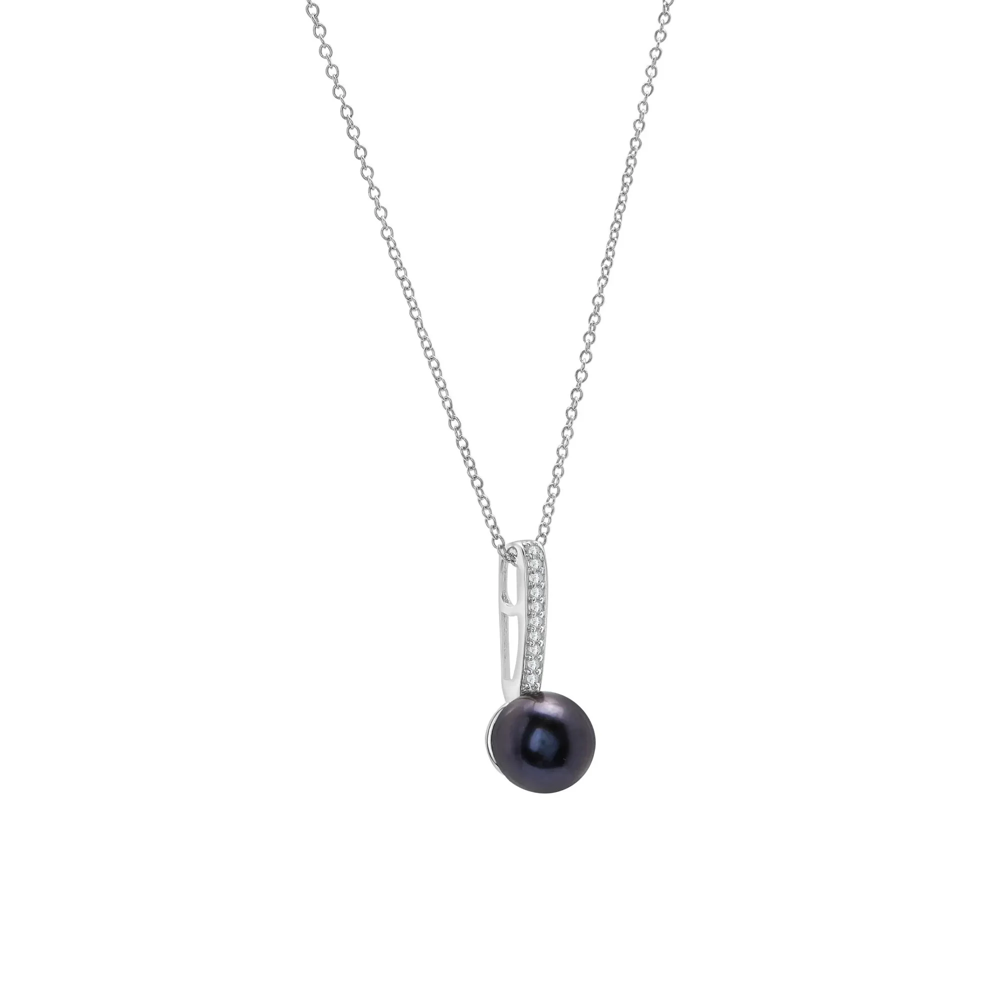 Black Pearl and Lab-Created White Sapphire Drop Pendant Necklace 10K White Gold Size 18" - Image 2