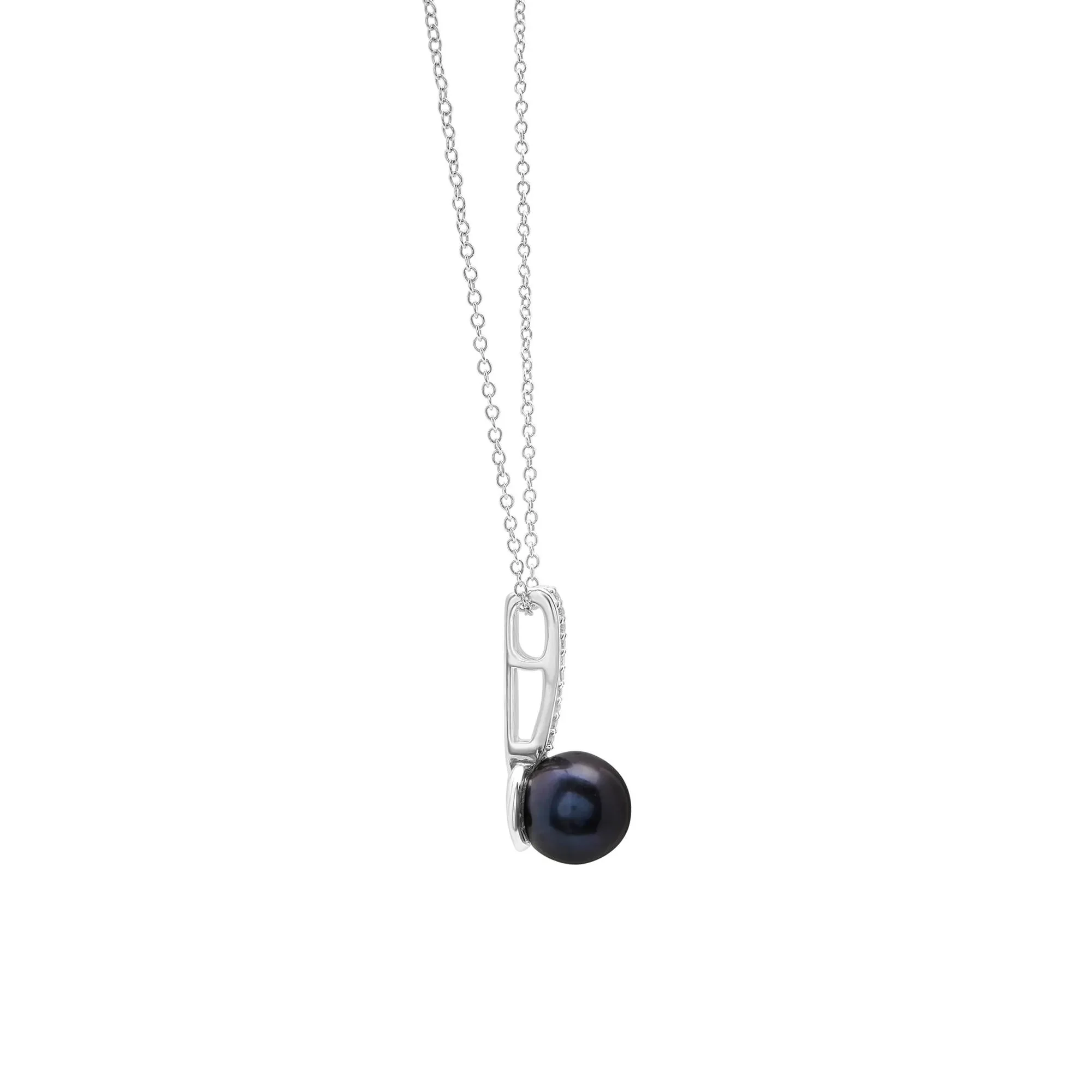 Black Pearl and Lab-Created White Sapphire Drop Pendant Necklace 10K White Gold Size 18" - Image 3