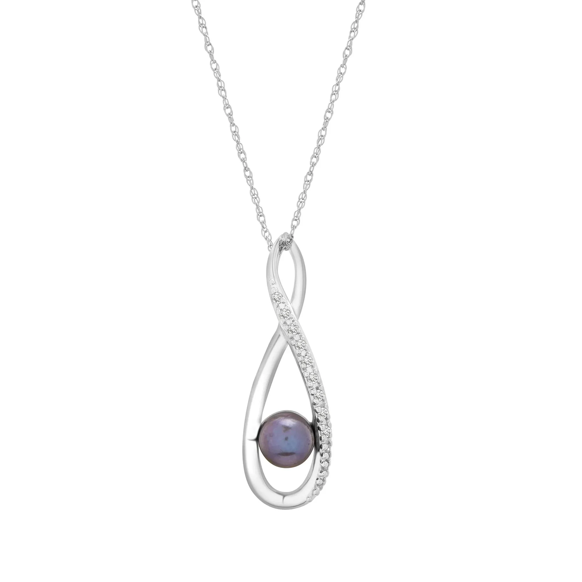 Black Dyed Freshwater Pearl and Lab-Created White Sapphire Infinity Pendant Necklace Size 18" - Image 2