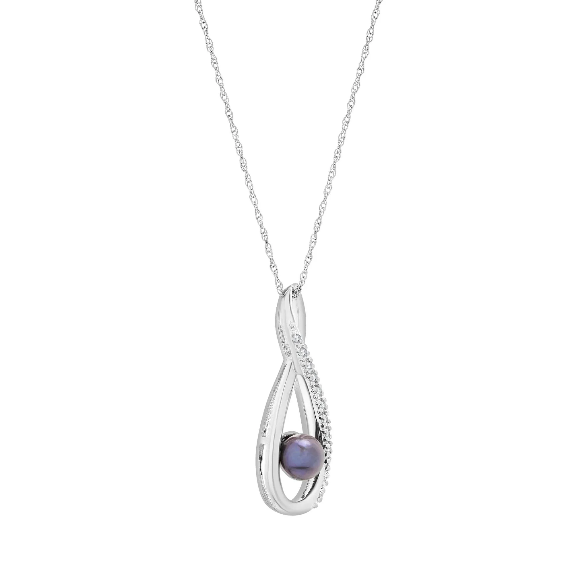 Black Dyed Freshwater Pearl and Lab-Created White Sapphire Infinity Pendant Necklace Size 18" - Image 3