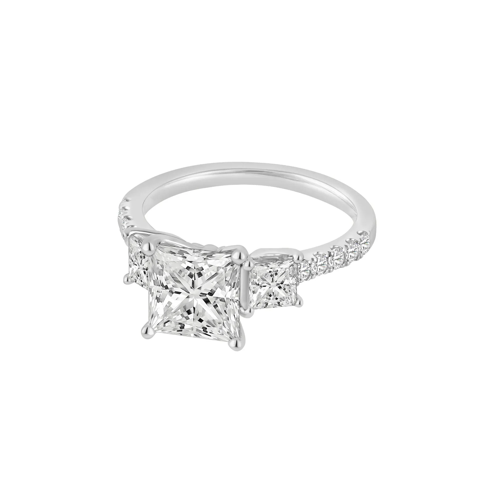3 CT. Tw. Lab Grown Diamond Princess-Cut Three-Stone Engagement Ring 14K White Gold Round Brilliant Cut Size 9 - Image 2