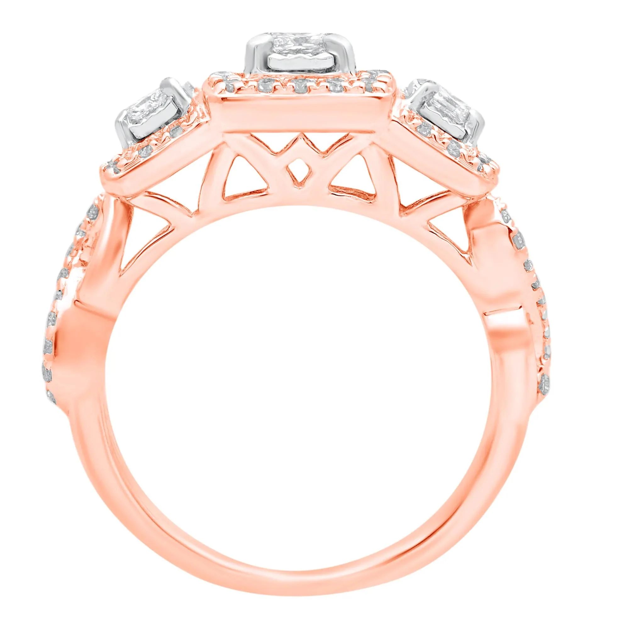 1/2 CT. Tw. Princess-Cut Diamond Three-Stone Ring 10K Rose Gold Round Brilliant Cut Size 7 - Image 2