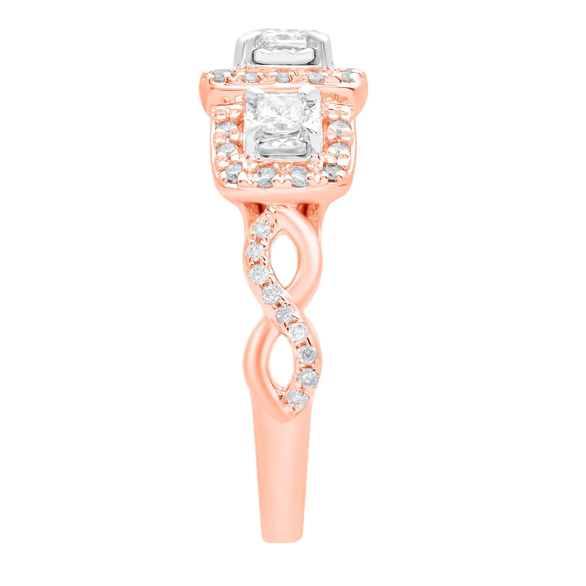 1/2 CT. Tw. Princess-Cut Diamond Three-Stone Ring 10K Rose Gold Round Brilliant Cut Size 7 - Image 3