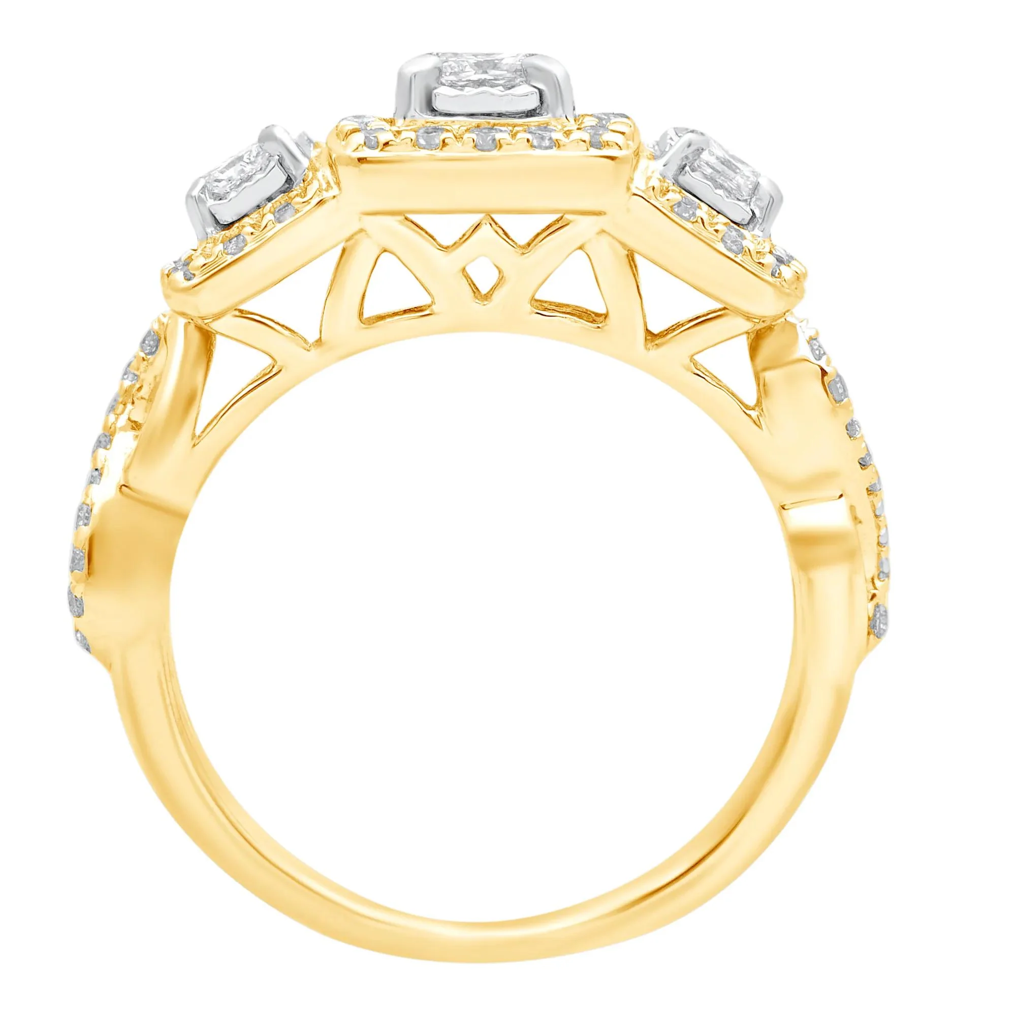 1/2 CT. Tw. Princess-Cut Diamond Three-Stone Ring 10K Yellow Gold Round Brilliant Cut Size 7 - Image 2