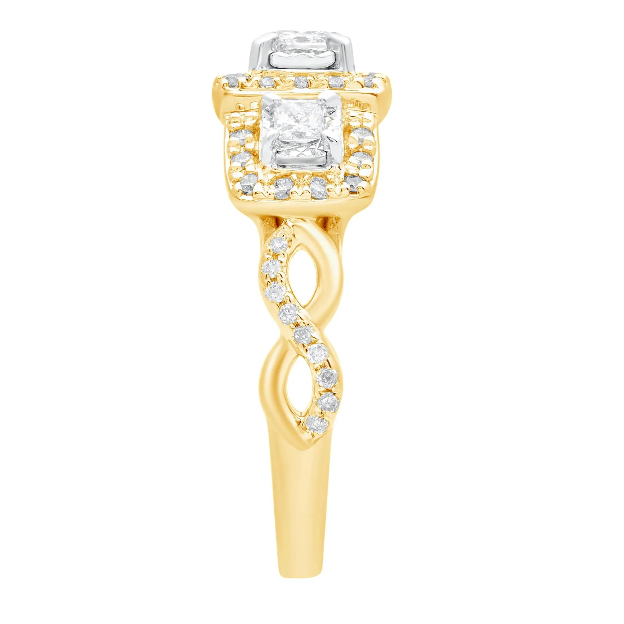 1/2 CT. Tw. Princess-Cut Diamond Three-Stone Ring 10K Yellow Gold Round Brilliant Cut Size 7 - Image 3