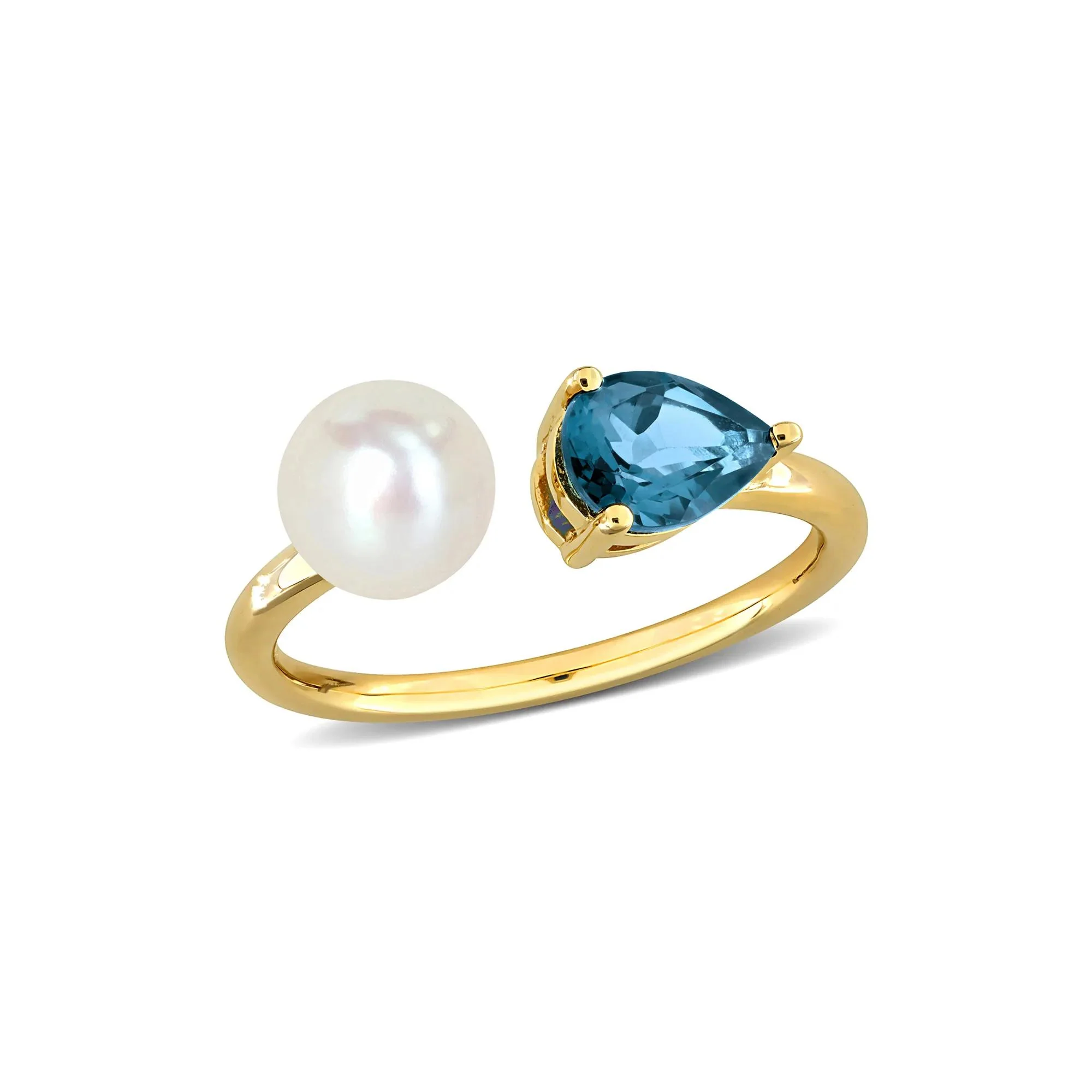 London Blue Topaz and Freshwater Pearl Bypass Ring 10K Yellow Gold Size 8 1.5mm - Image 3
