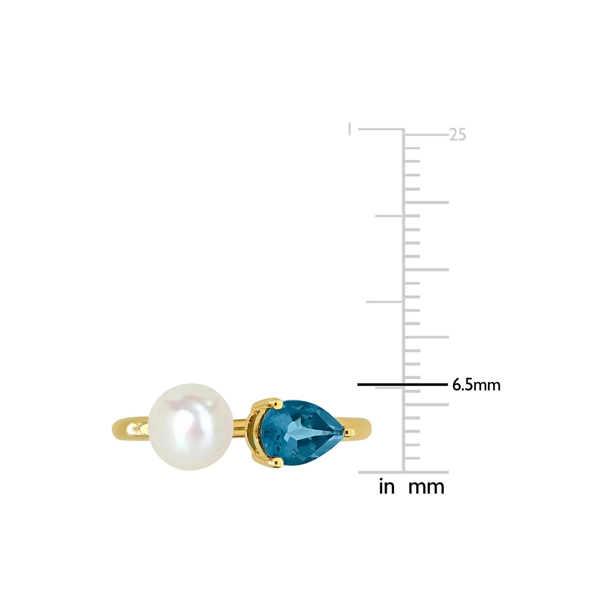 London Blue Topaz and Freshwater Pearl Bypass Ring 10K Yellow Gold Size 8 1.5mm - Image 5
