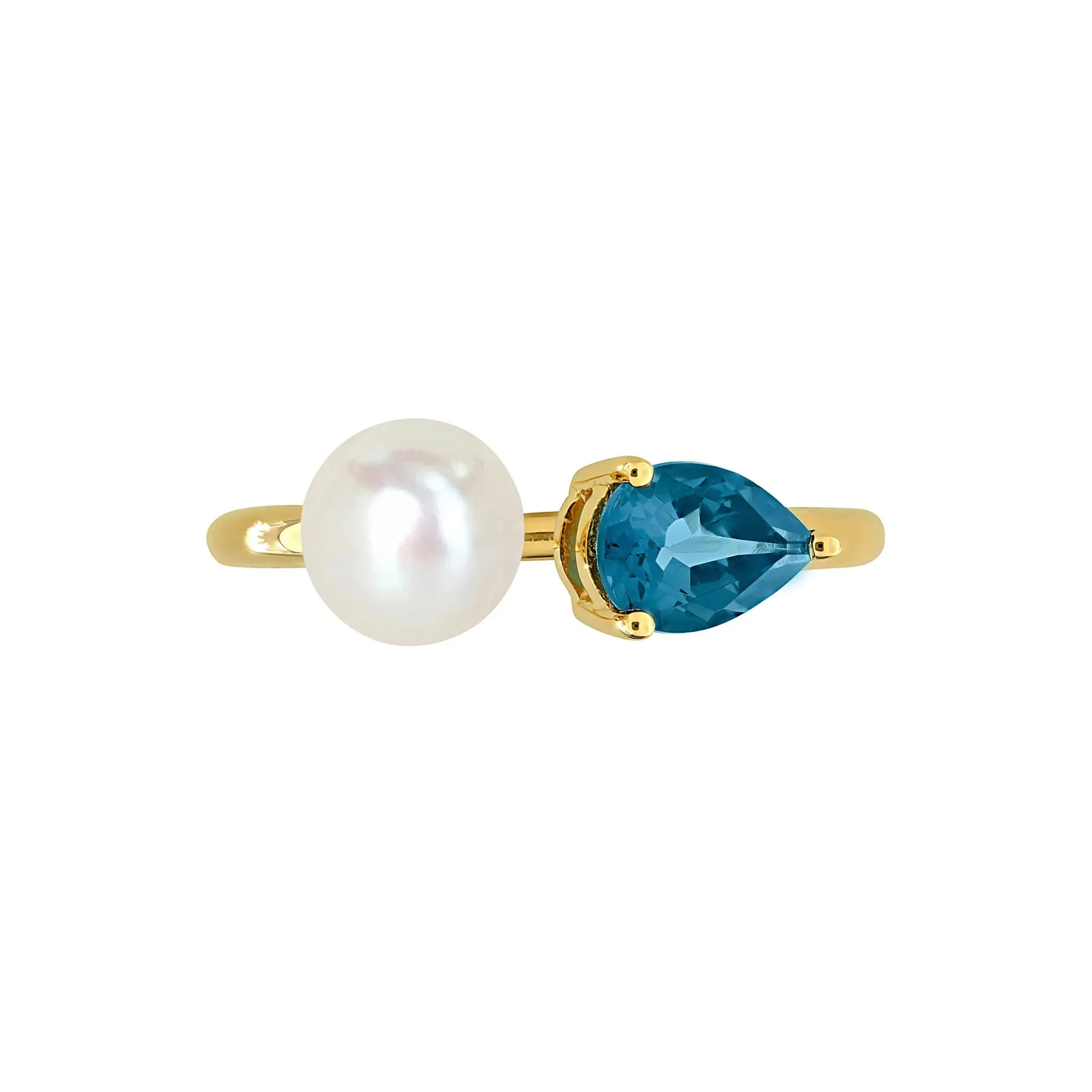 London Blue Topaz and Freshwater Pearl Bypass Ring 10K Yellow Gold Size 8 1.5mm - Image 6