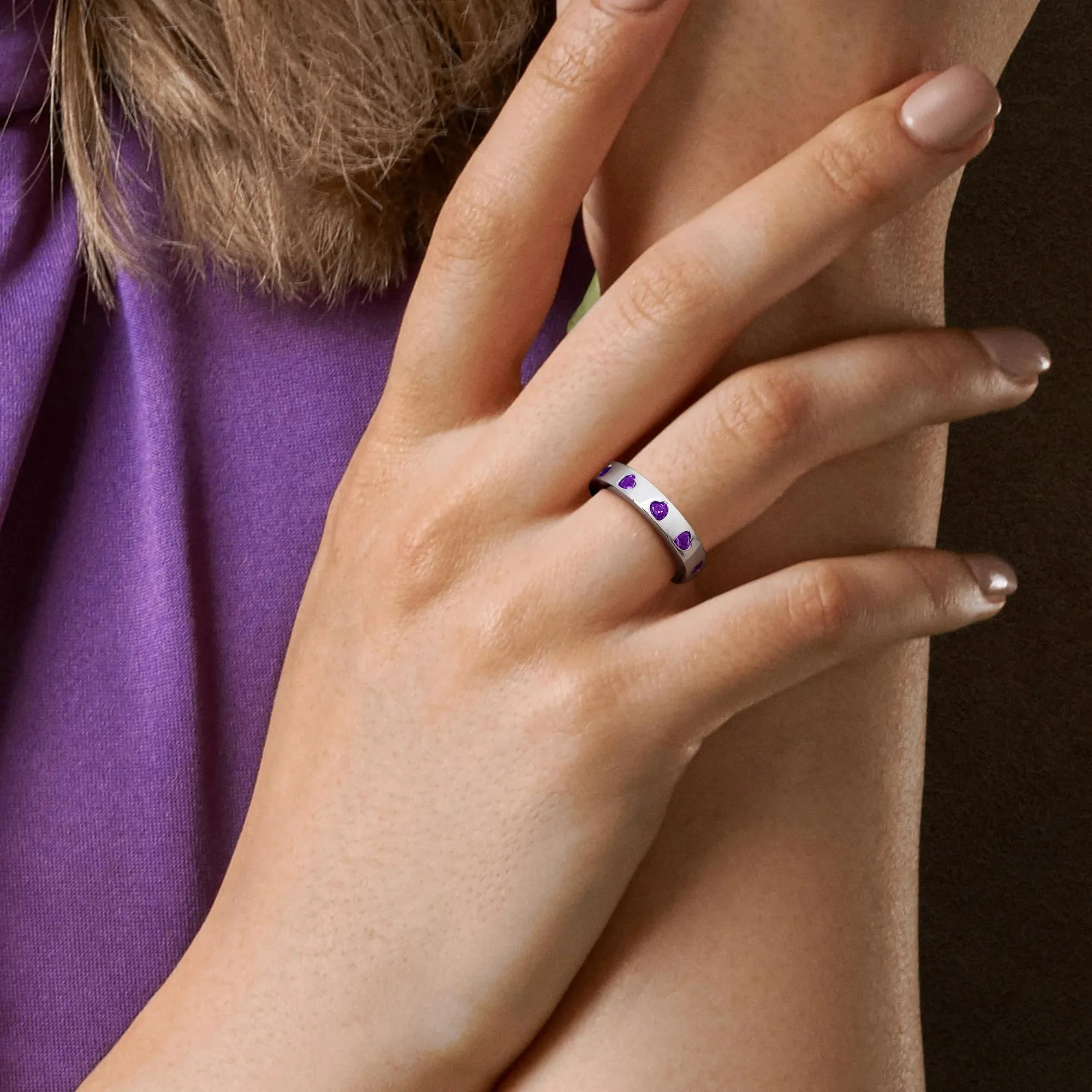 Heart-Shaped Amethyst Eternity Band Ring .925 Sterling Silver White Size 5 4mm - Image 5