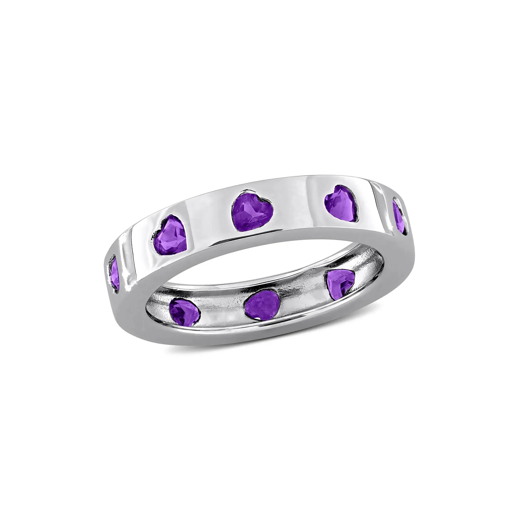 Heart-Shaped Amethyst Eternity Band Ring .925 Sterling Silver White Size 7 4mm - Image 4