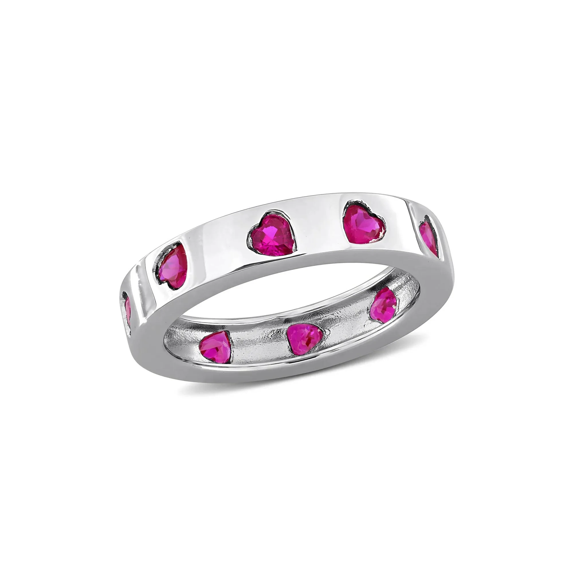 Heart-Shaped Lab-Created Ruby Eternity Band Ring .925 Sterling Silver White Size 8 4mm - Image 4