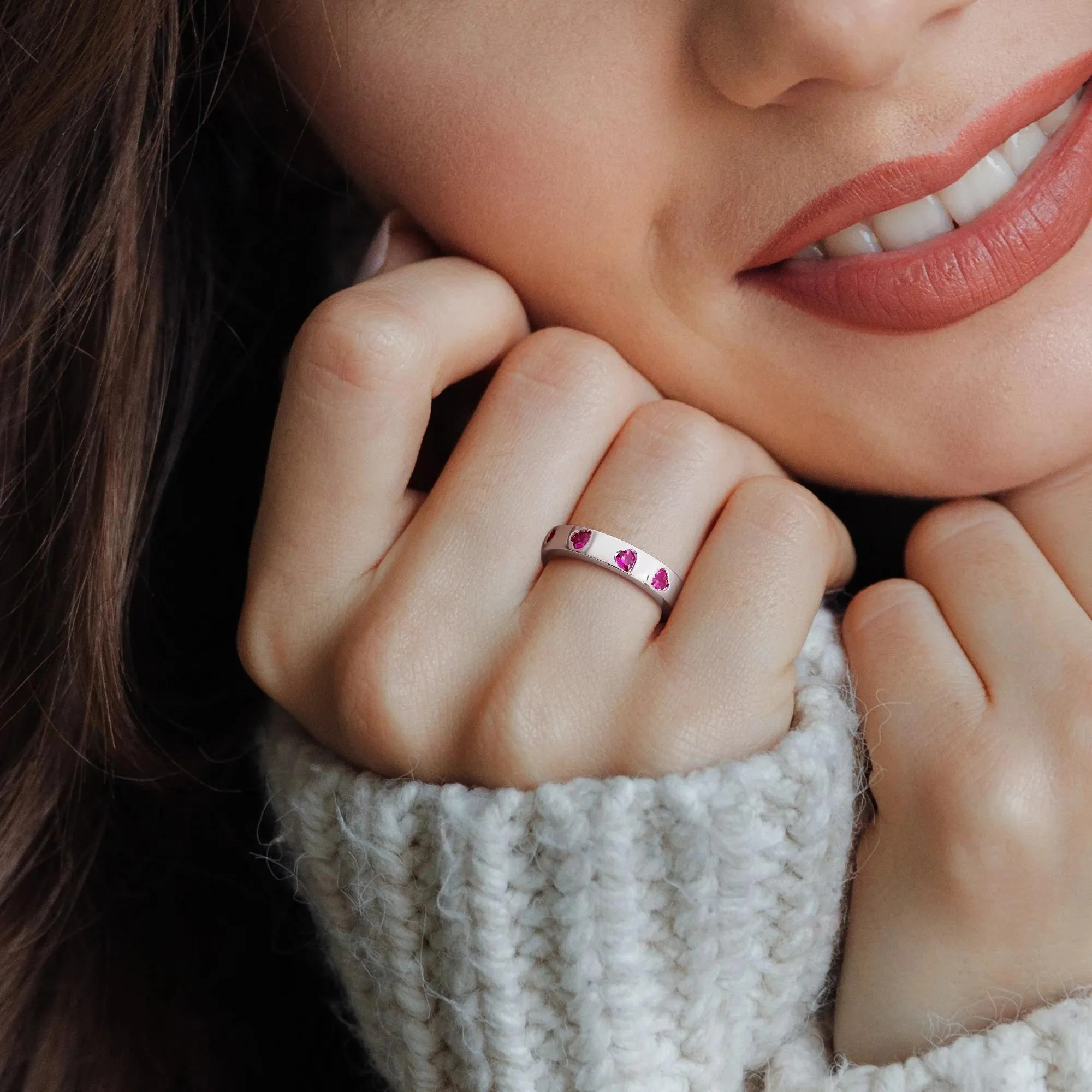 Heart-Shaped Lab-Created Ruby Eternity Band Ring .925 Sterling Silver White Size 8 4mm - Image 5