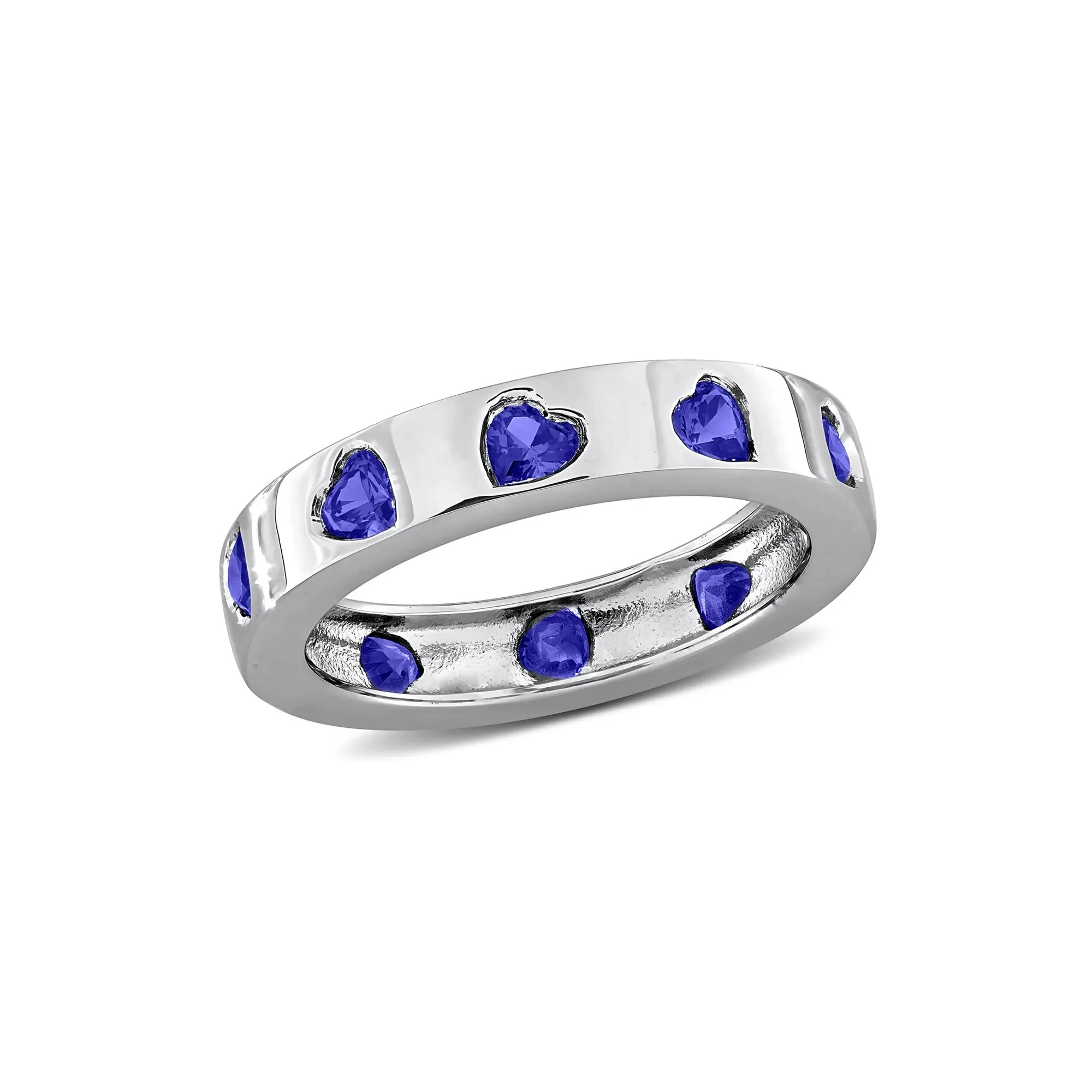 Heart-Shaped Lab-Created Blue Sapphire Eternity Band Ring .925 Sterling Silver White Size 7 4mm - Image 4