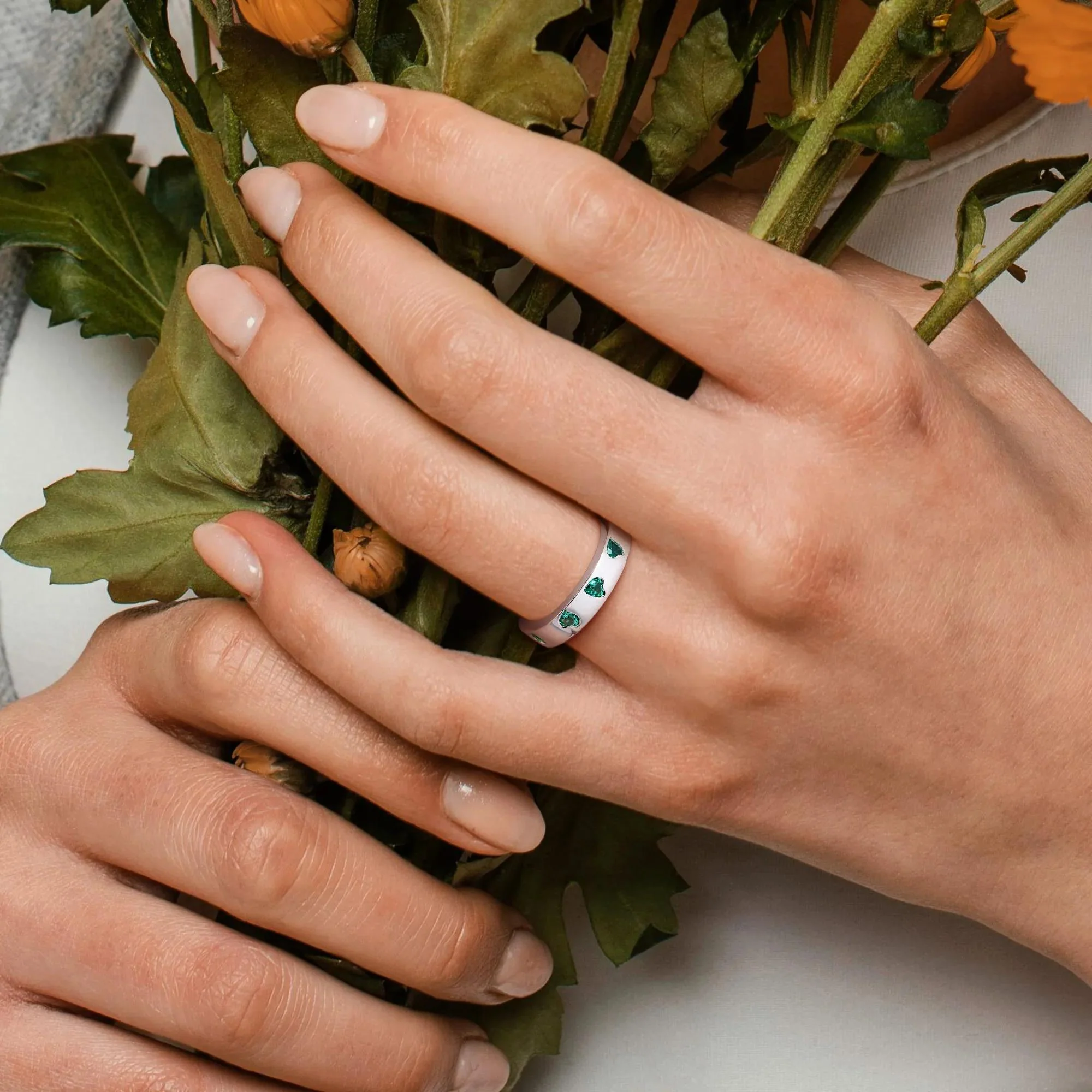 Heart-Shaped Lab-Created Emerald Eternity Band Ring .925 Sterling Silver White Size 5 4mm - Image 5