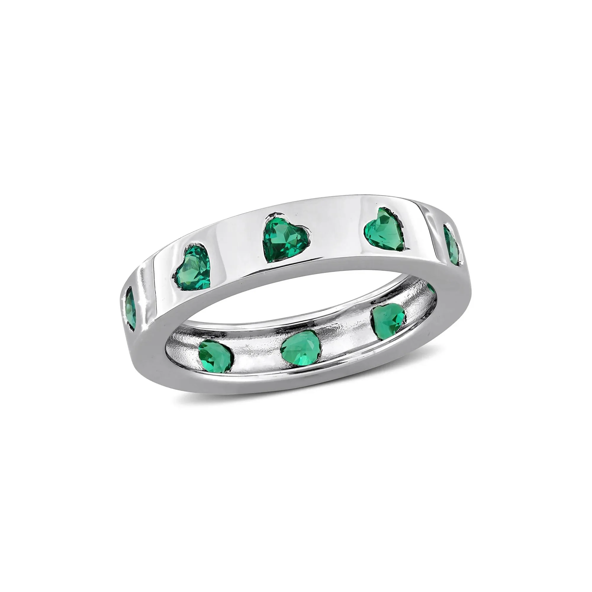 Heart-Shaped Lab-Created Emerald Eternity Band Ring .925 Sterling Silver White Size 7 4mm - Image 4
