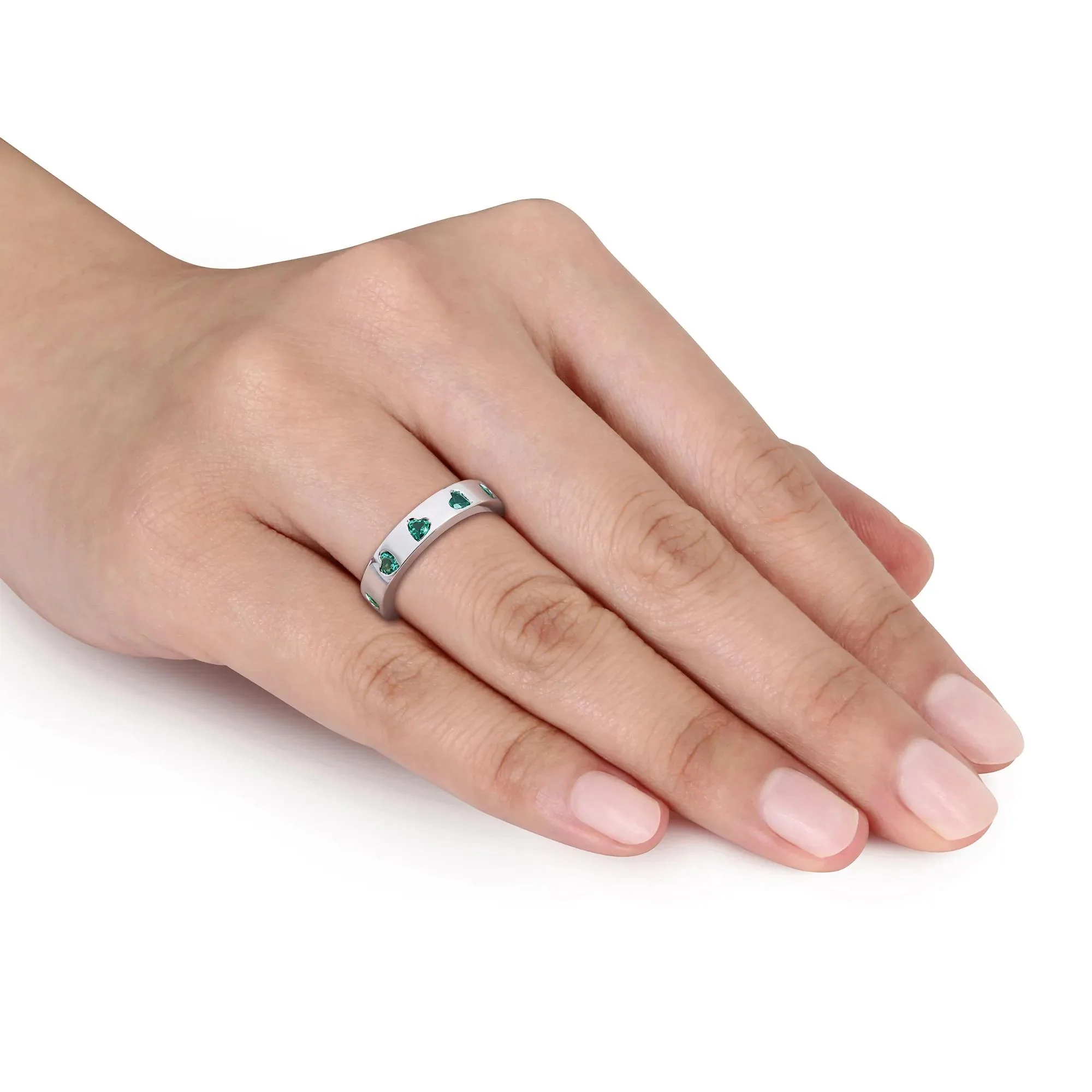 Heart-Shaped Lab-Created Emerald Eternity Band Ring .925 Sterling Silver White Size 7 4mm - Image 6
