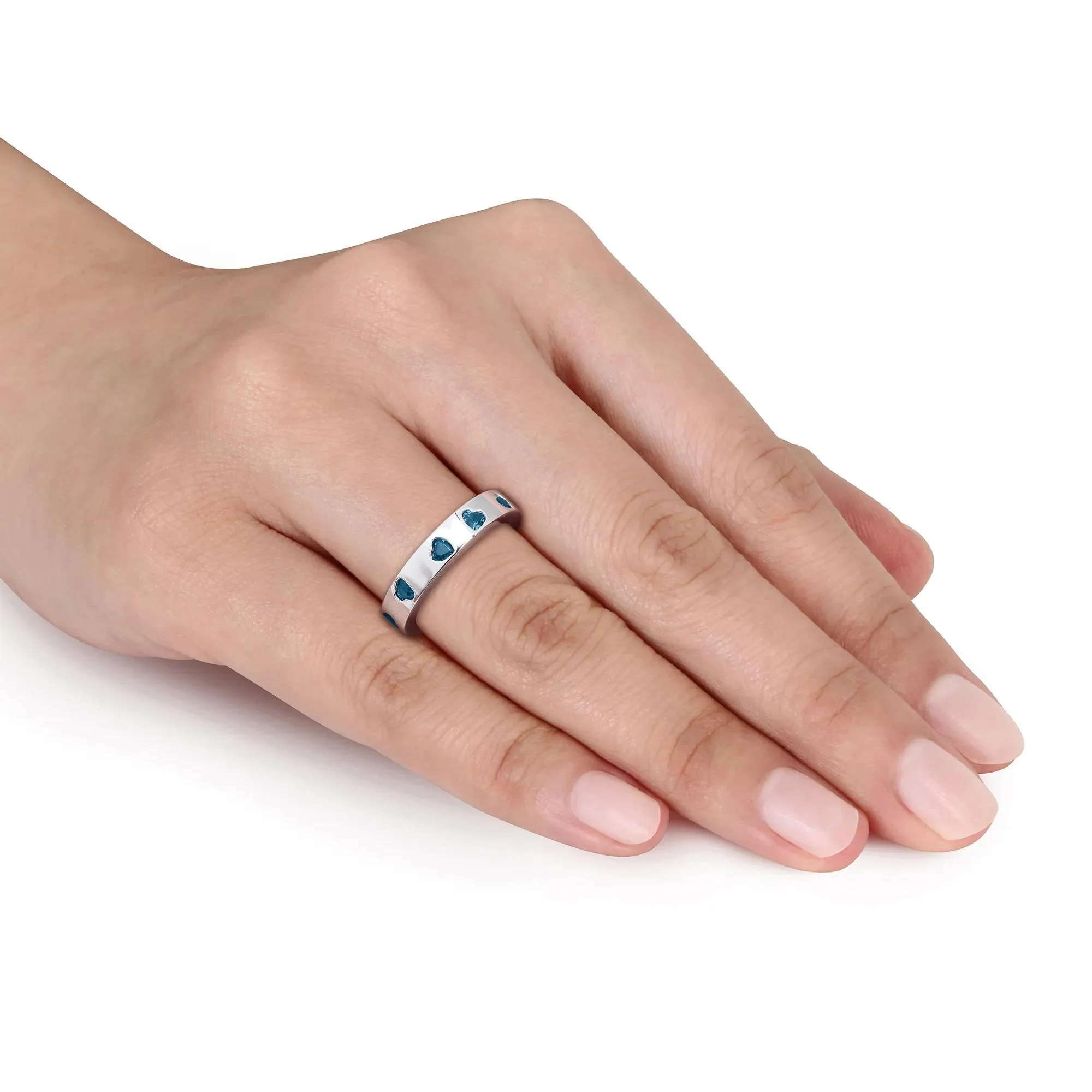 Heart-Shaped London Blue Topaz Eternity Band Ring .925 Sterling Silver White Size 7 4mm - Image 6