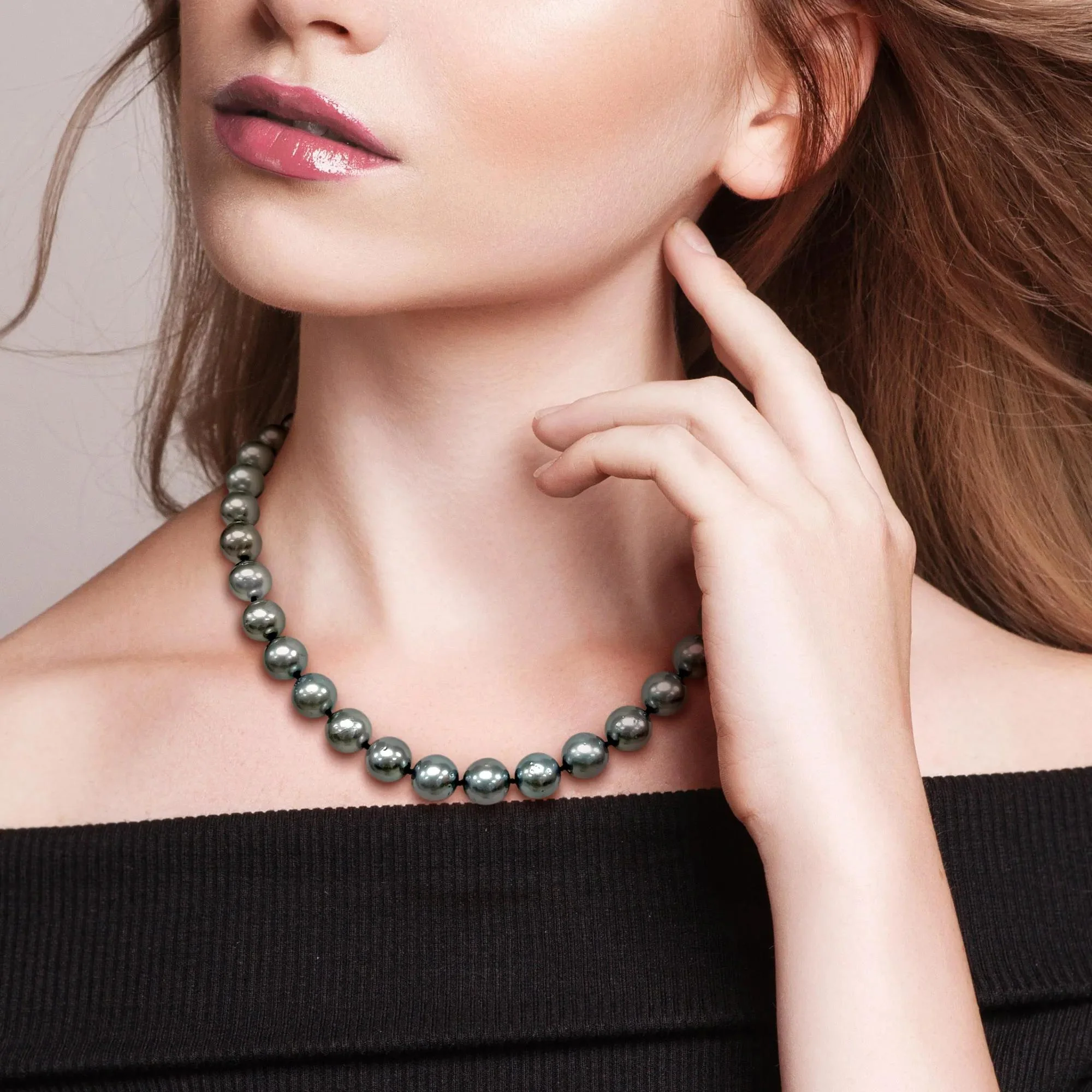 Black Tahitian Pearl and Diamond Accent Necklace 14K White Gold Size 18" - Image 2