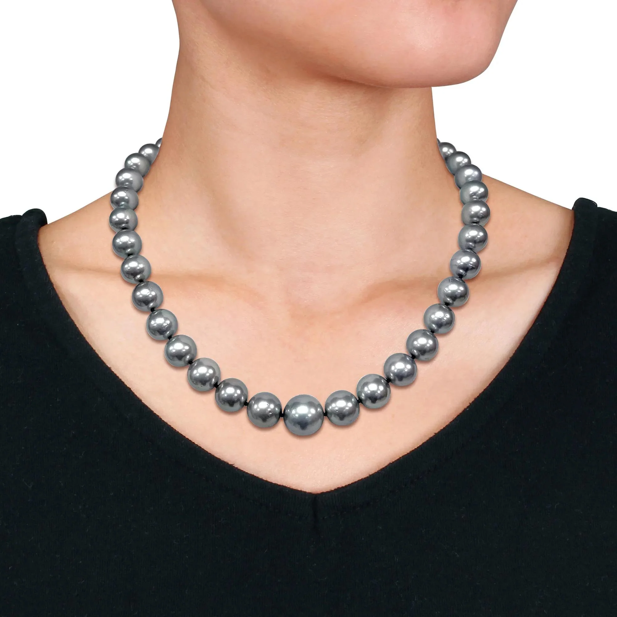 Black Tahitian Pearl and Diamond Accent Necklace 14K White Gold Size 18" - Image 3