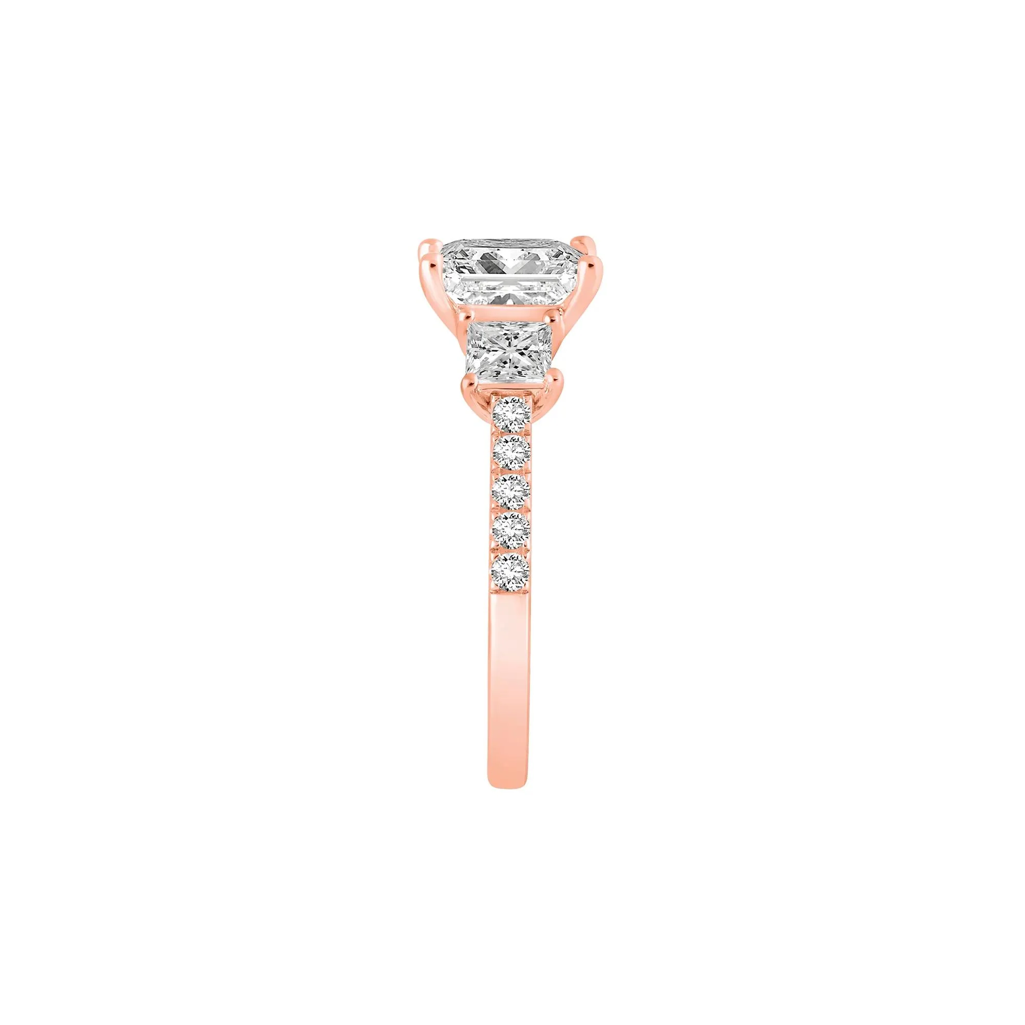 3 CT. Tw. Lab Grown Diamond Princess-Cut Three-Stone Engagement Ring 14K Rose Gold Round Brilliant Cut Size 7 - Image 3