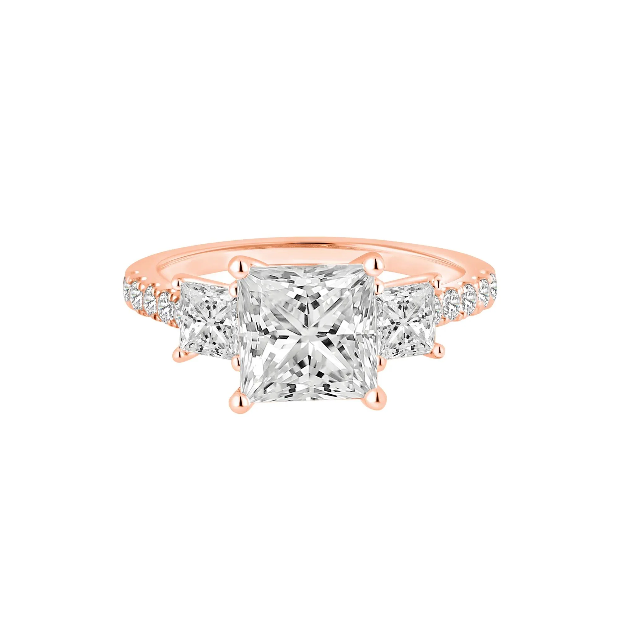 3 CT. Tw. Lab Grown Diamond Princess-Cut Three-Stone Engagement Ring 14K Rose Gold Round Brilliant Cut Size 7.5