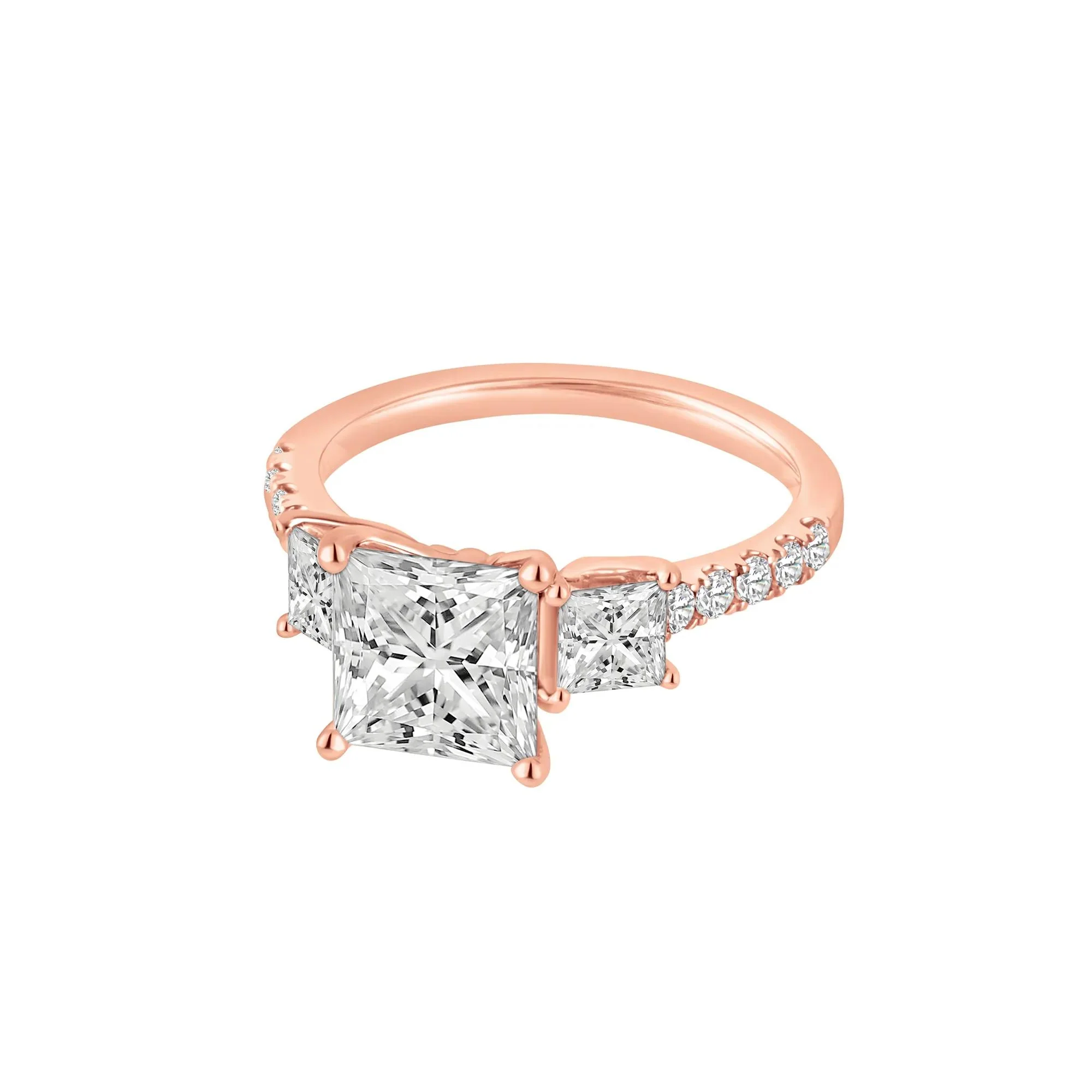 3 CT. Tw. Lab Grown Diamond Princess-Cut Three-Stone Engagement Ring 14K Rose Gold Round Brilliant Cut Size 8.5 - Image 4