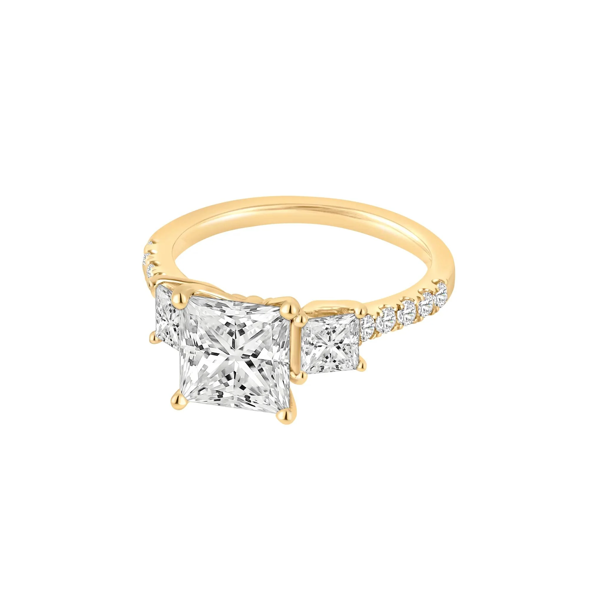 3 CT. Tw. Lab Grown Diamond Princess-Cut Three-Stone Engagement Ring 14K Yellow Gold Round Brilliant Cut Size 5 - Image 4