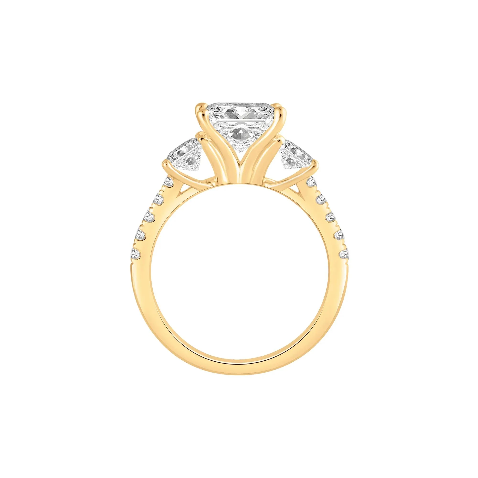 3 CT. Tw. Lab Grown Diamond Princess-Cut Three-Stone Engagement Ring 14K Yellow Gold Round Brilliant Cut Size 6 - Image 2