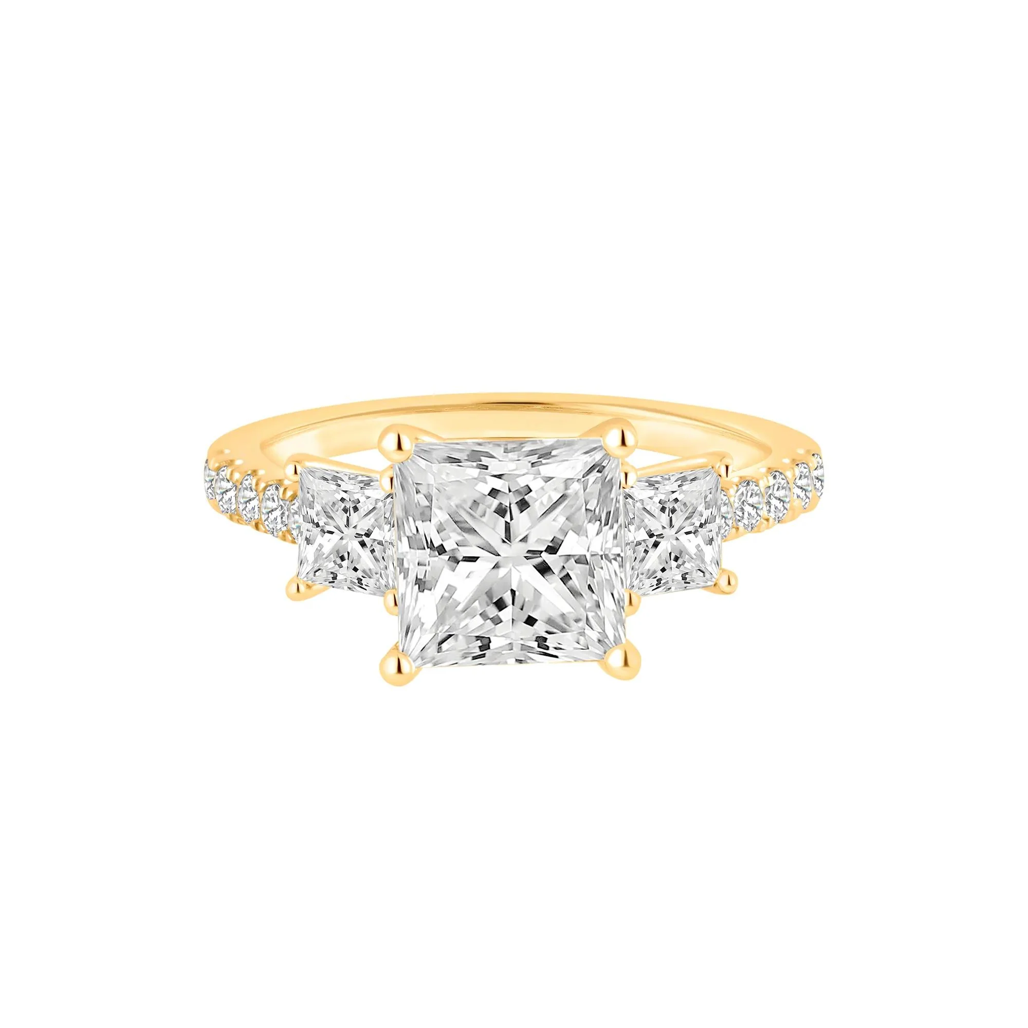 3 CT. Tw. Lab Grown Diamond Princess-Cut Three-Stone Engagement Ring 14K Yellow Gold Round Brilliant Cut Size 9