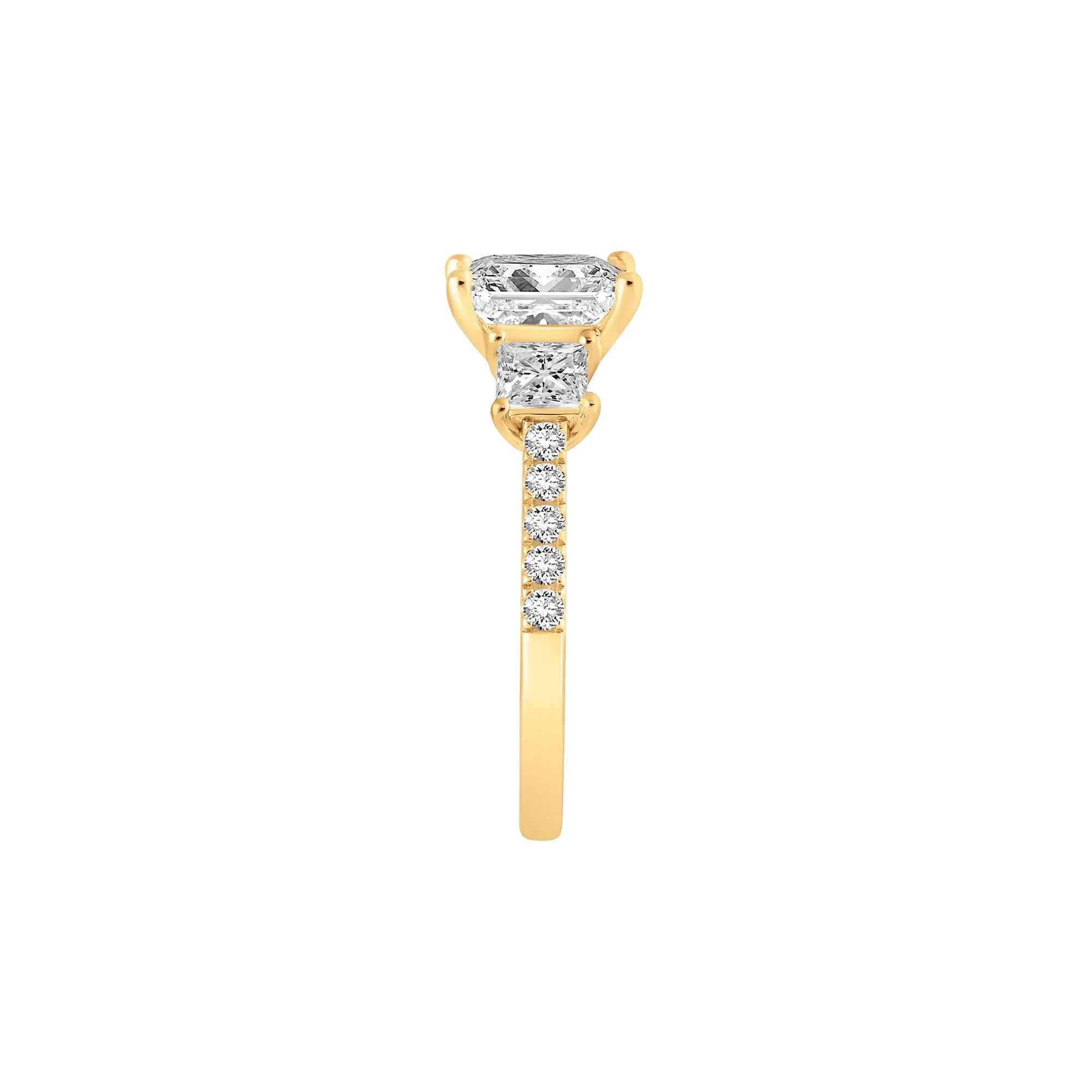 3 CT. Tw. Lab Grown Diamond Princess-Cut Three-Stone Engagement Ring 14K Yellow Gold Round Brilliant Cut Size 9 - Image 3