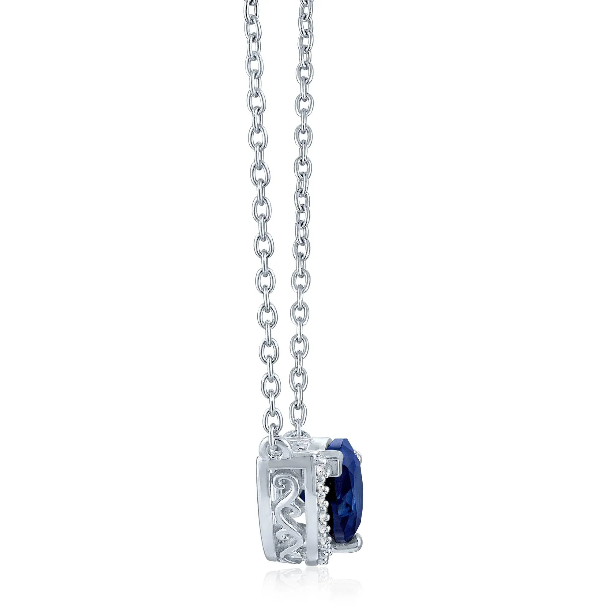 Lab-Created Blue Sapphire and Diamond Accent Pear-Shaped Half Halo Necklace .925 Sterling Silver White Size 17.5" - Image 2