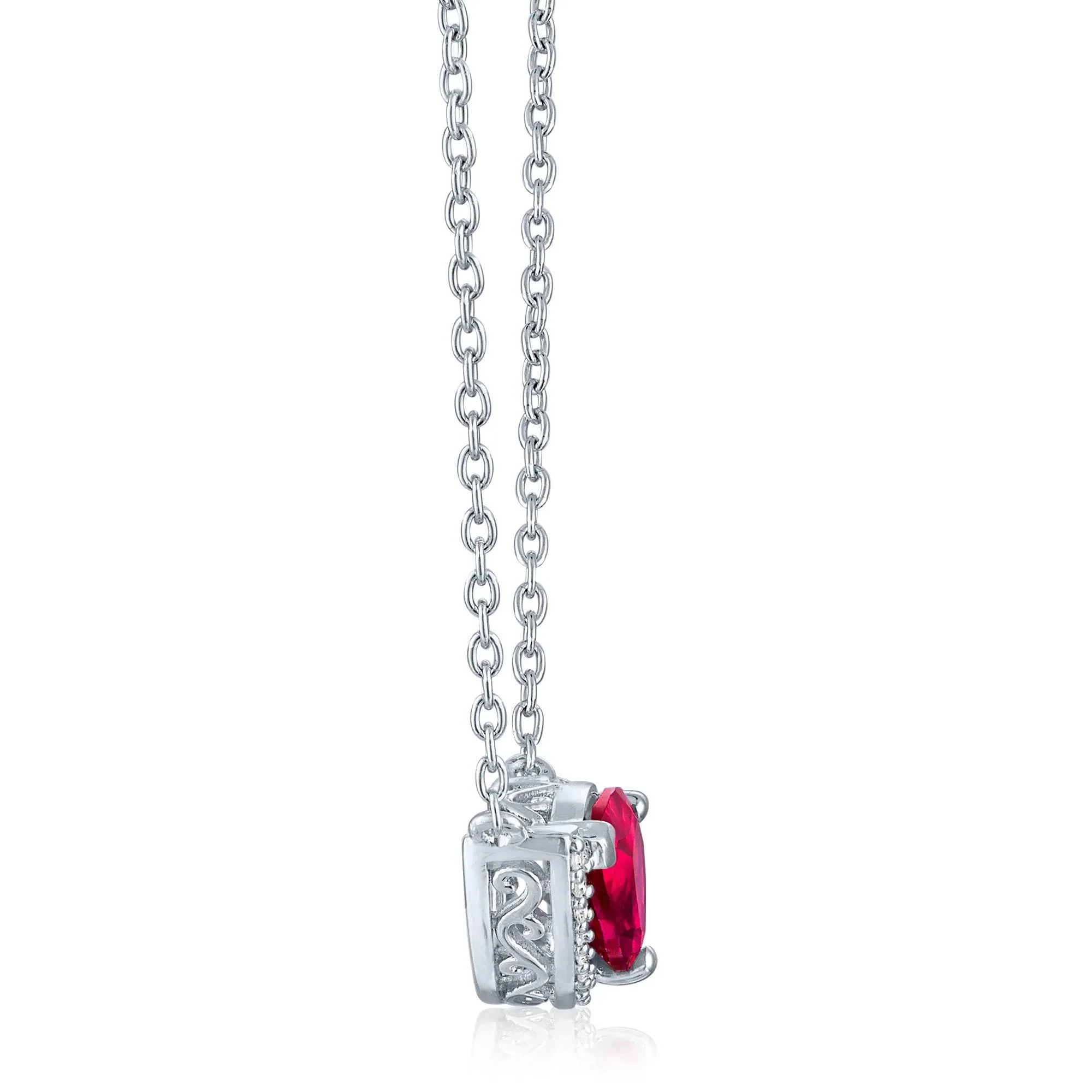 Lab-Created Ruby and Diamond Accent Pear-Shaped Half Halo Necklace .925 Sterling Silver White Size 17.5" - Image 2