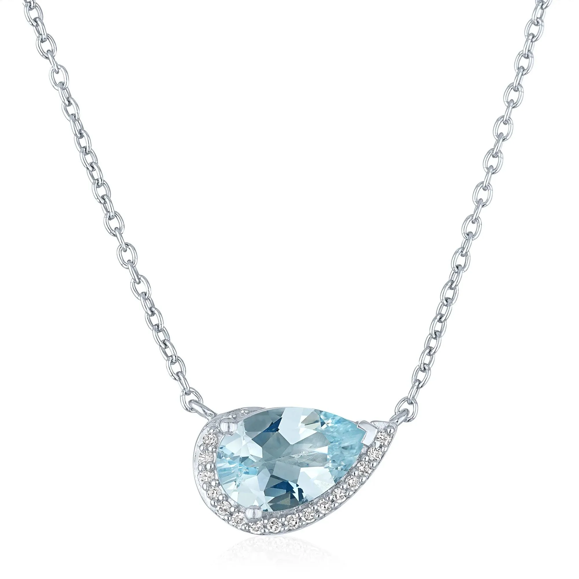 Aquamarine and Diamond Accent Pear-Shaped Half Halo Necklace .925 Sterling Silver White Size 17.5"