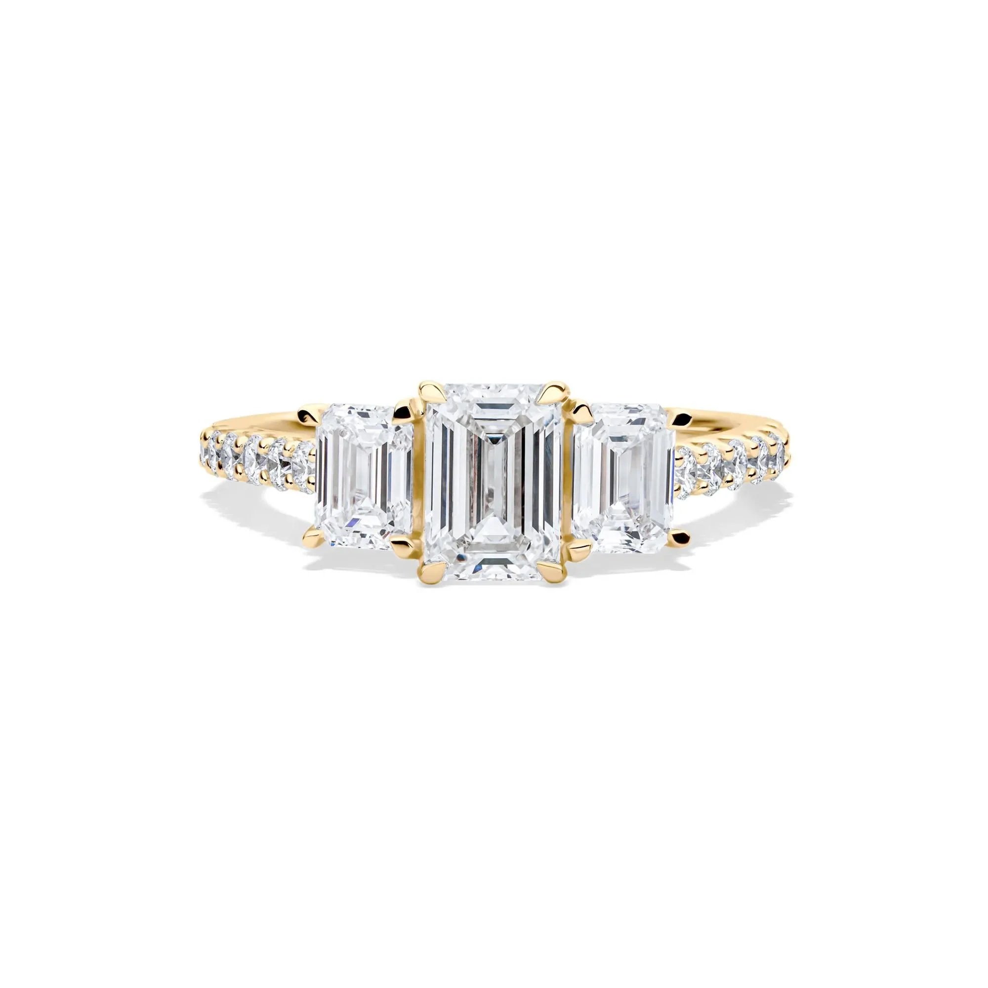 2 CT. Tw. Lab Grown Diamond Emerald-Cut Three Stone Ring 14K Yellow Gold Round Brilliant Cut Size 6