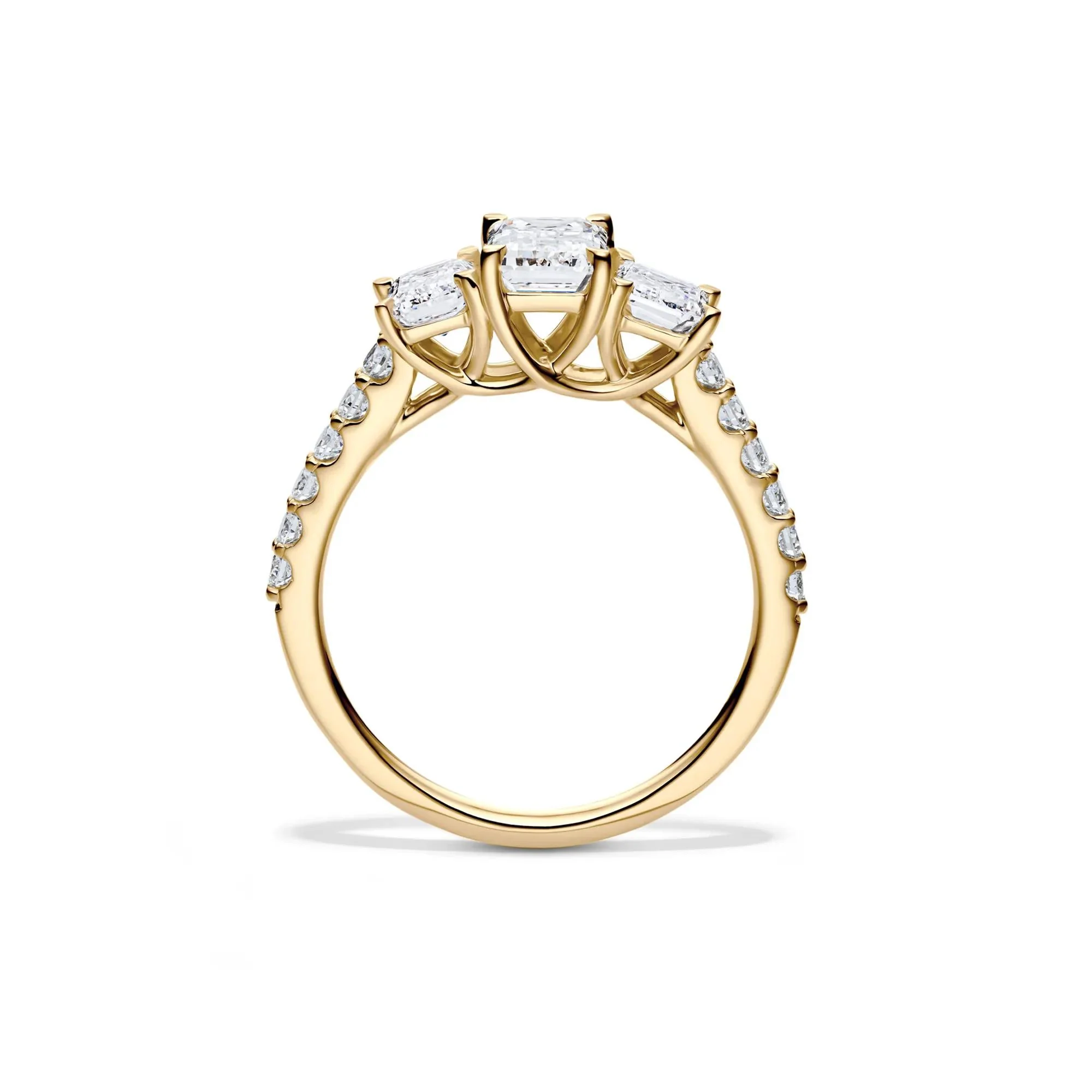 2 CT. Tw. Lab Grown Diamond Emerald-Cut Three Stone Ring 14K Yellow Gold Round Brilliant Cut Size 6 - Image 2