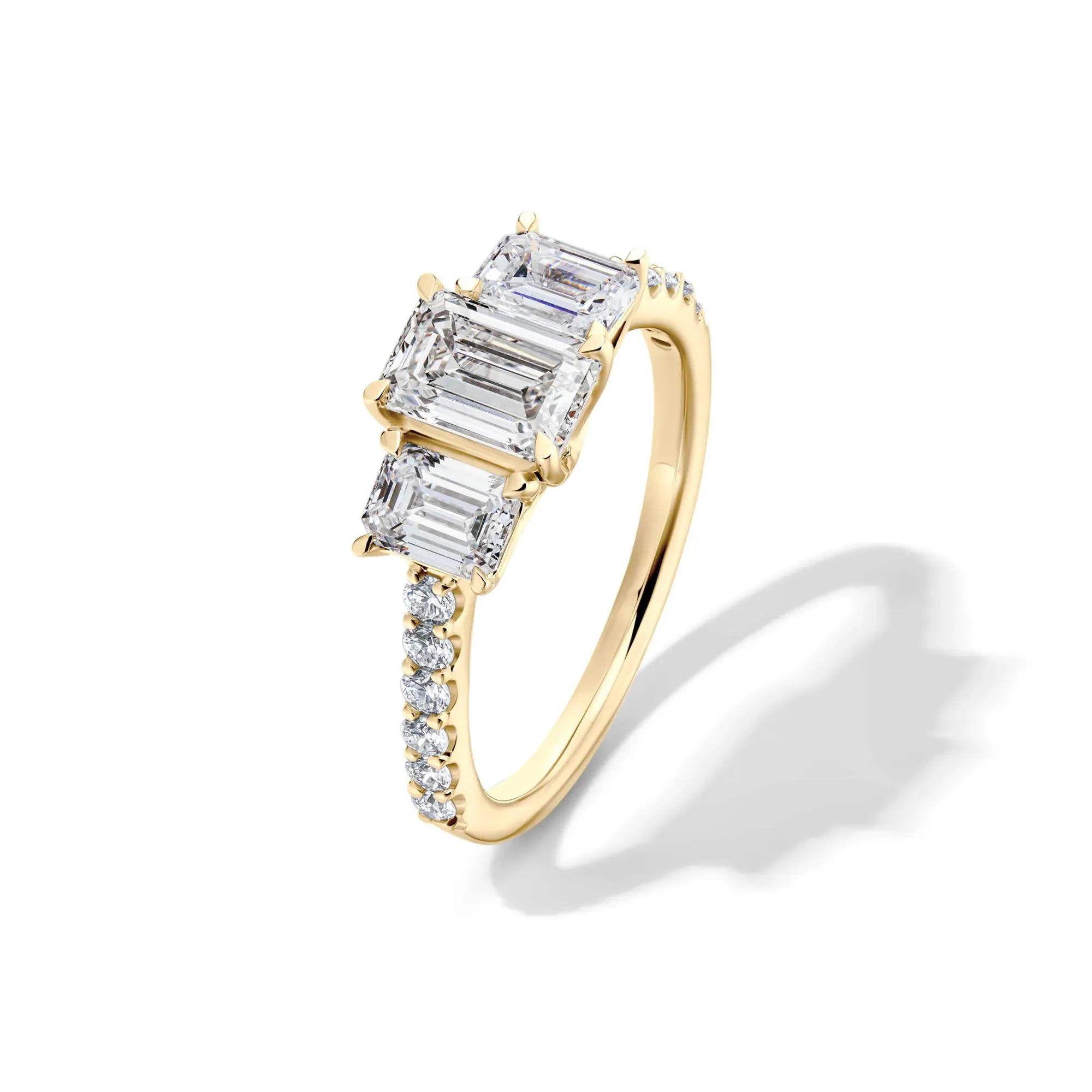 2 CT. Tw. Lab Grown Diamond Emerald-Cut Three Stone Ring 14K Yellow Gold Round Brilliant Cut Size 7.5 - Image 4