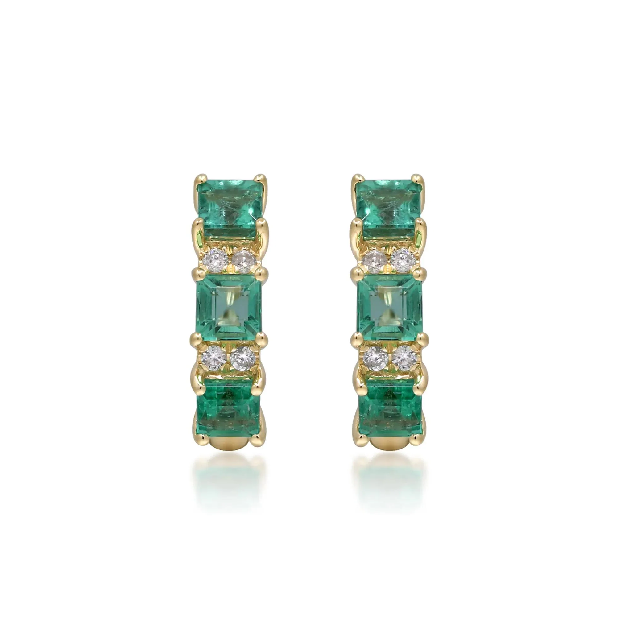 Emerald and Diamond Accent Huggie Hoop Earrings 10K Yellow Gold Size 3.00mm - Image 2