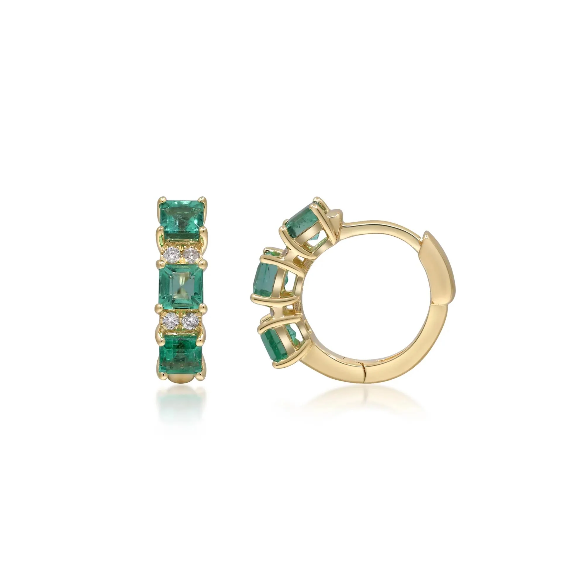 Emerald and Diamond Accent Huggie Hoop Earrings 10K Yellow Gold Size 3.00mm - Image 3
