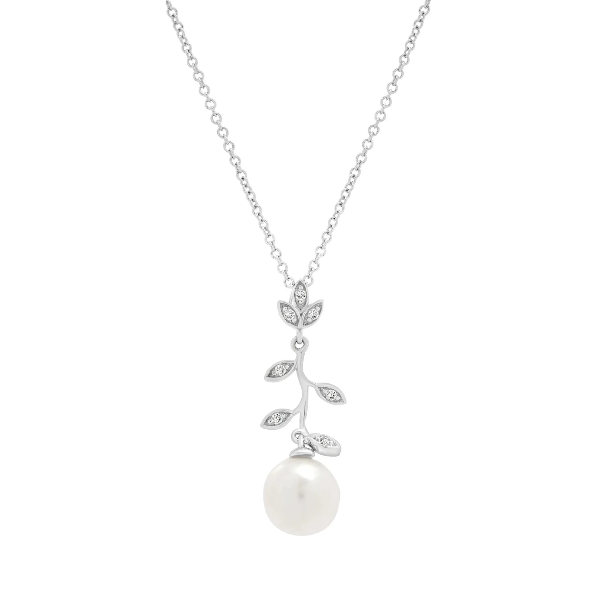 Freshwater Cultured Pearl and Diamond Accent Leaf Drop Pendant Necklace .925 Sterling Silver White Size 18" - Image 2