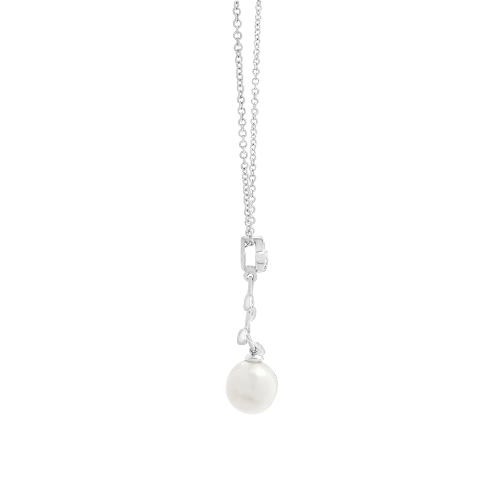 Freshwater Cultured Pearl and Diamond Accent Leaf Drop Pendant Necklace .925 Sterling Silver White Size 18" - Image 3