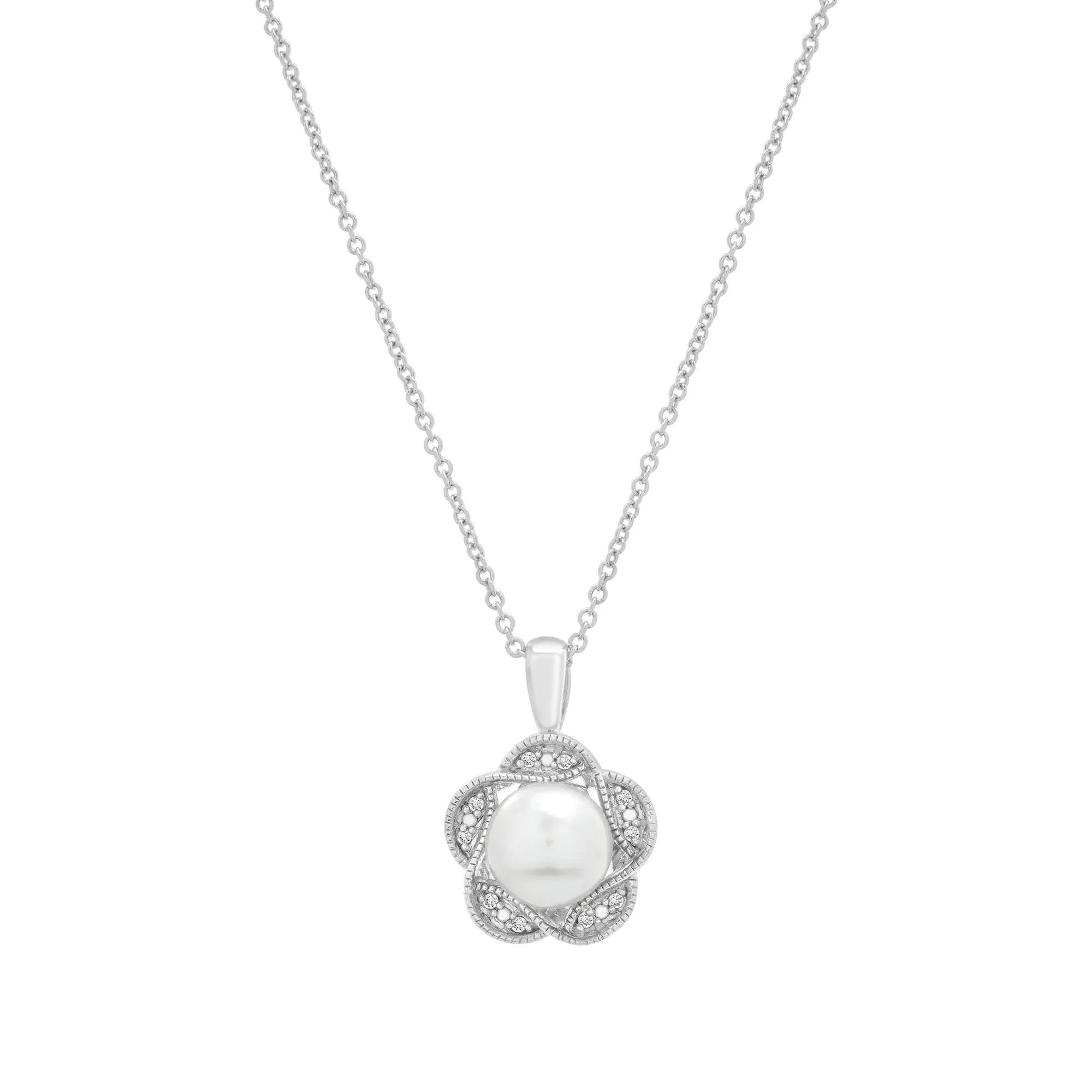 Freshwater Cultured Pearl and Diamond Accent Flower Pendant Necklace .925 Sterling Silver White Size 18" - Image 2