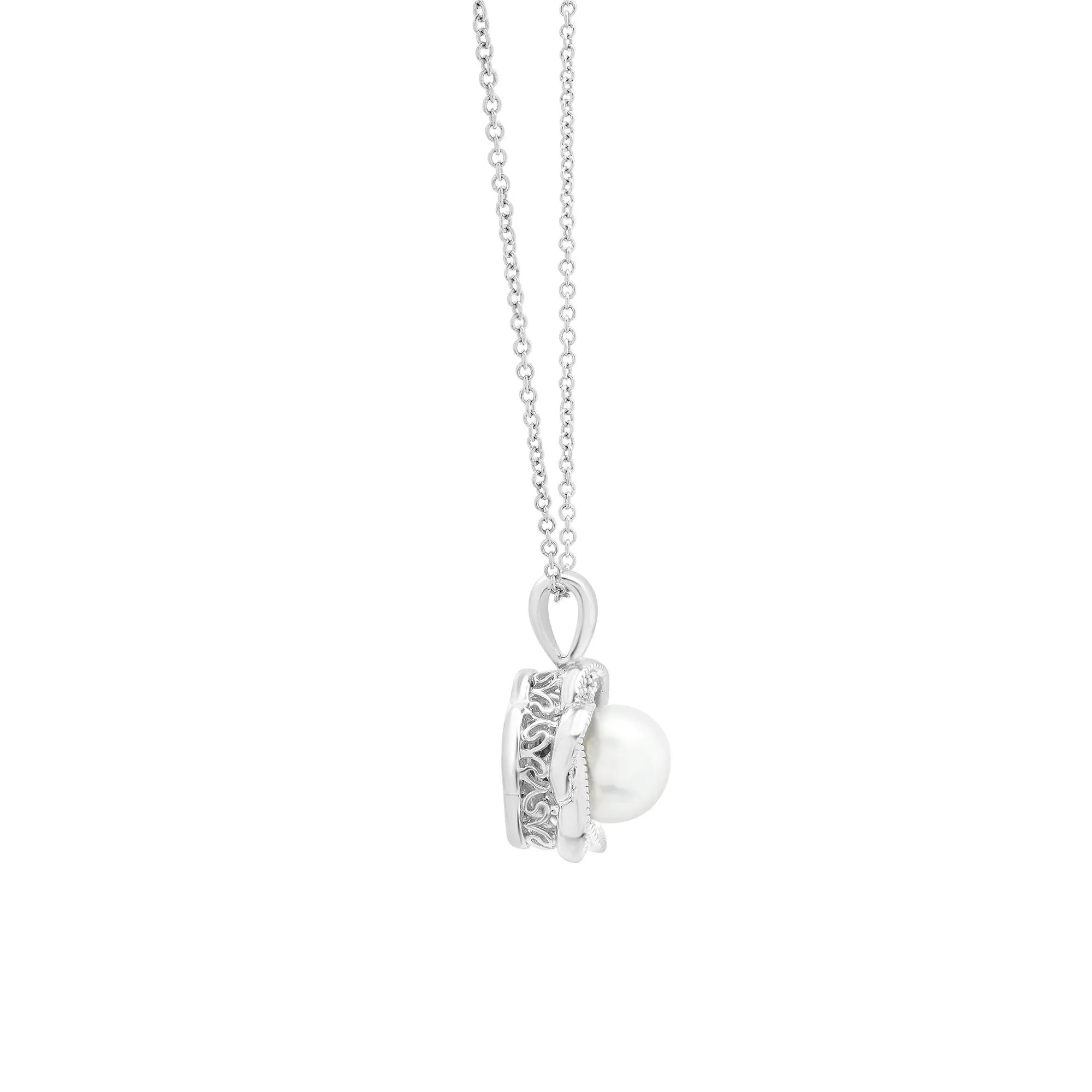 Freshwater Cultured Pearl and Diamond Accent Flower Pendant Necklace .925 Sterling Silver White Size 18" - Image 3