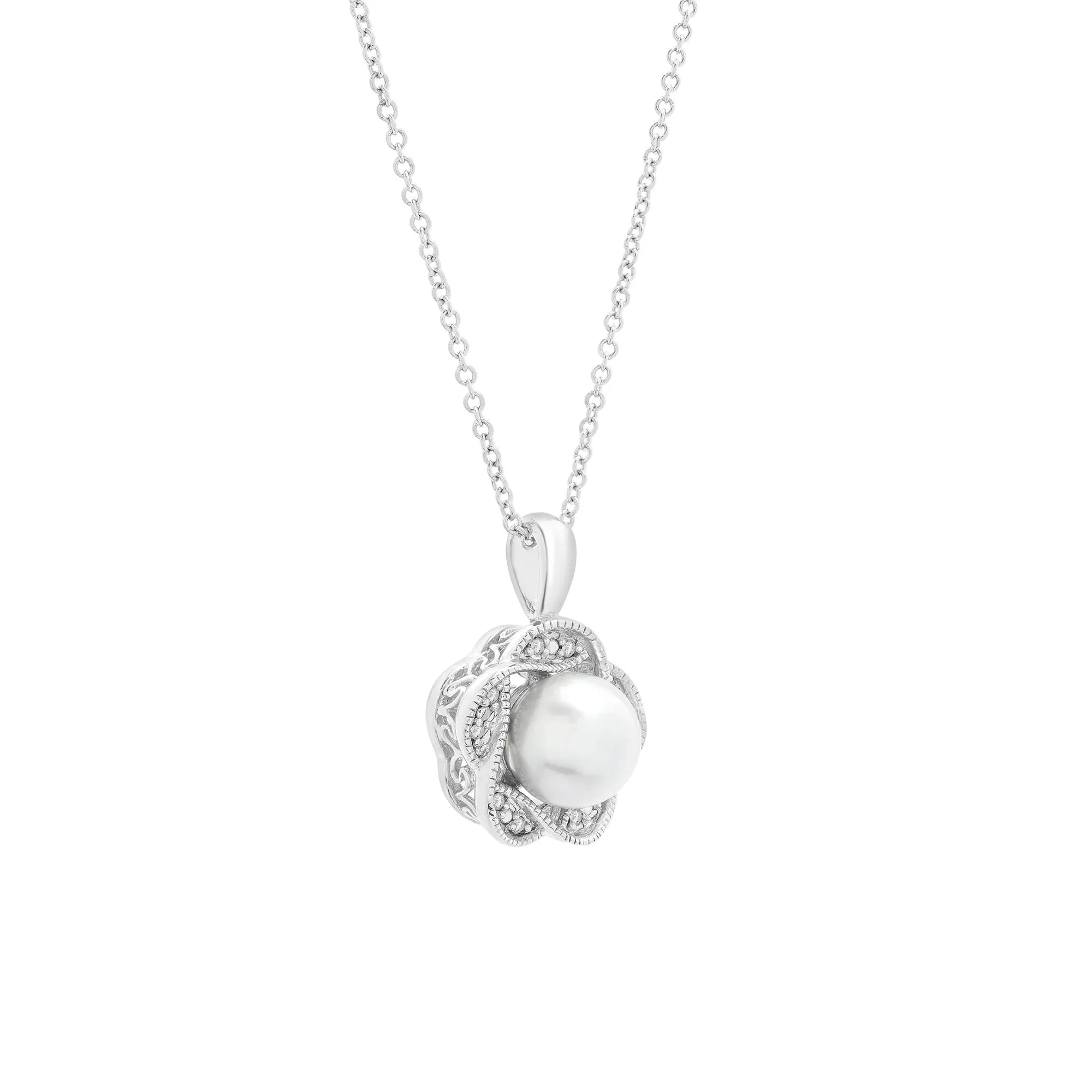 Freshwater Cultured Pearl and Diamond Accent Flower Pendant Necklace .925 Sterling Silver White Size 18" - Image 4