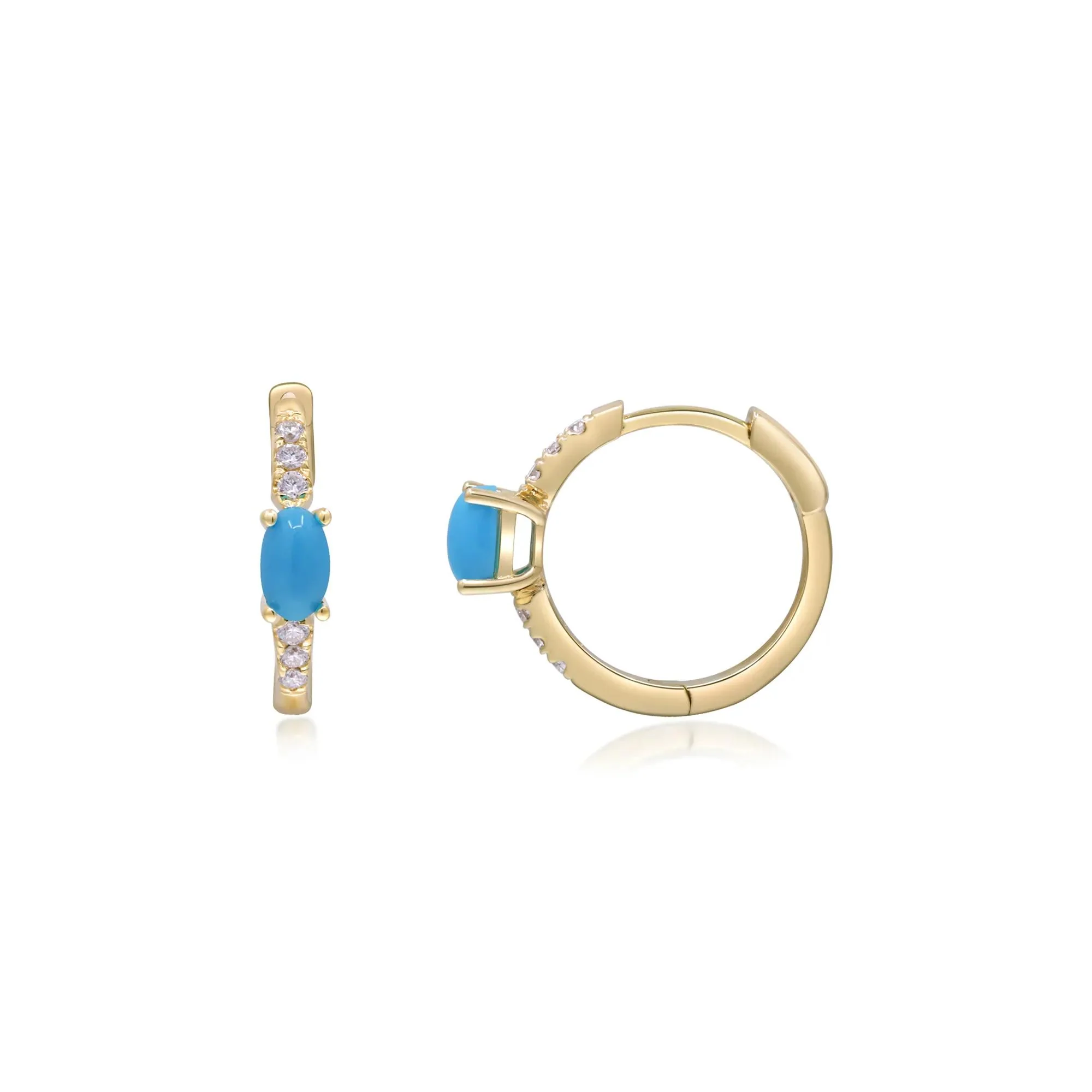 1/8 CT. Tw. Turquoise and Diamond Huggie Hoop Earrings 10K Yellow Gold Size 3.00mm - Image 2