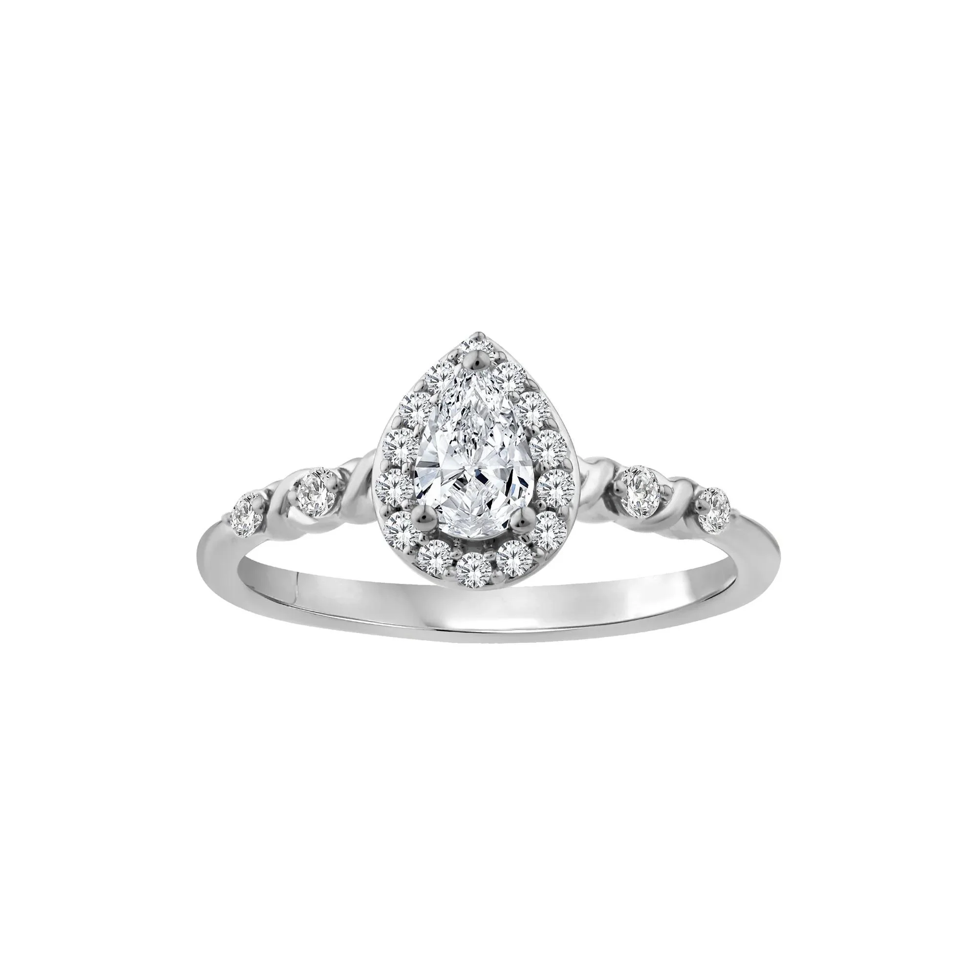 1/2 CT. Tw. Lab Grown Diamond Pear-Shaped Halo Promise Ring 10K White Gold Round Brilliant Cut Size 8.5