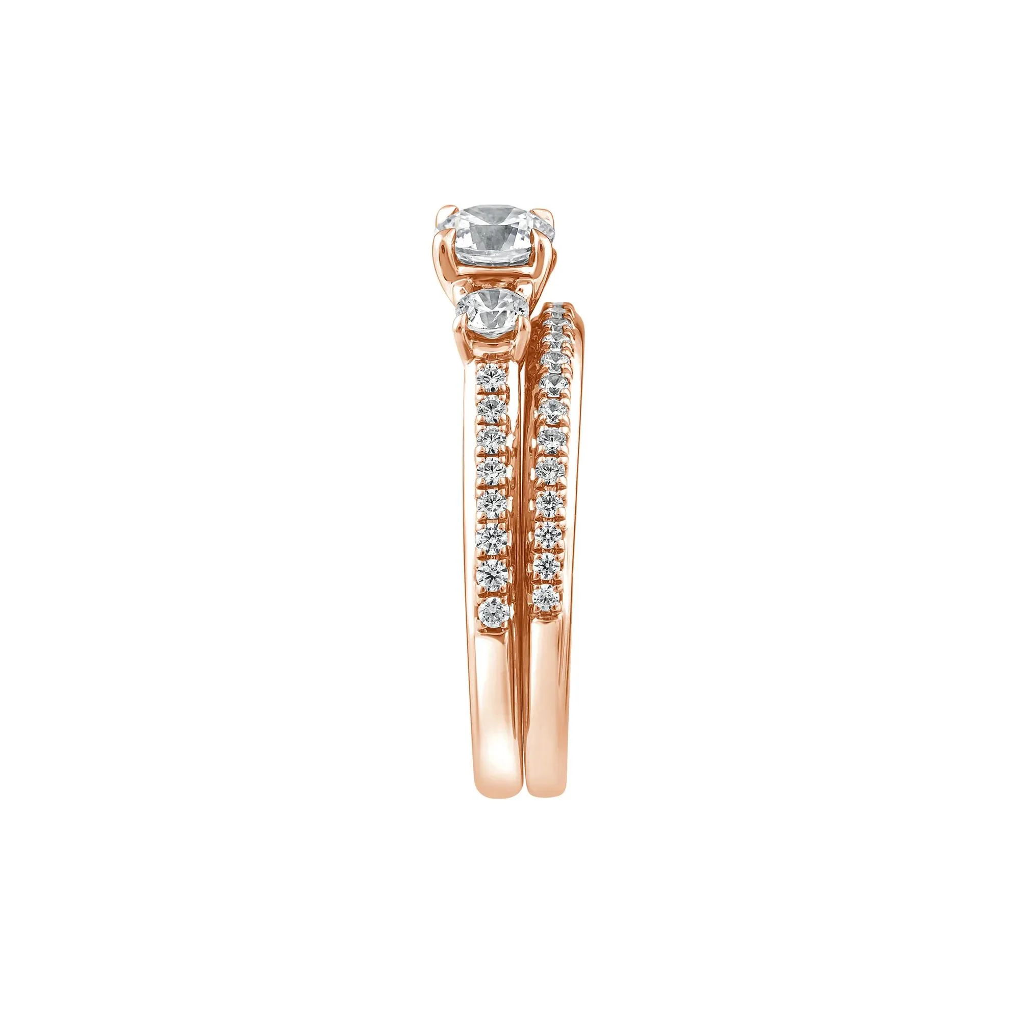 1 CT. Tw. Lab Grown Diamond Three-Stone Engagement Set 10K Rose Gold Ring Round Brilliant Cut Size 6.5 1mm - Image 3