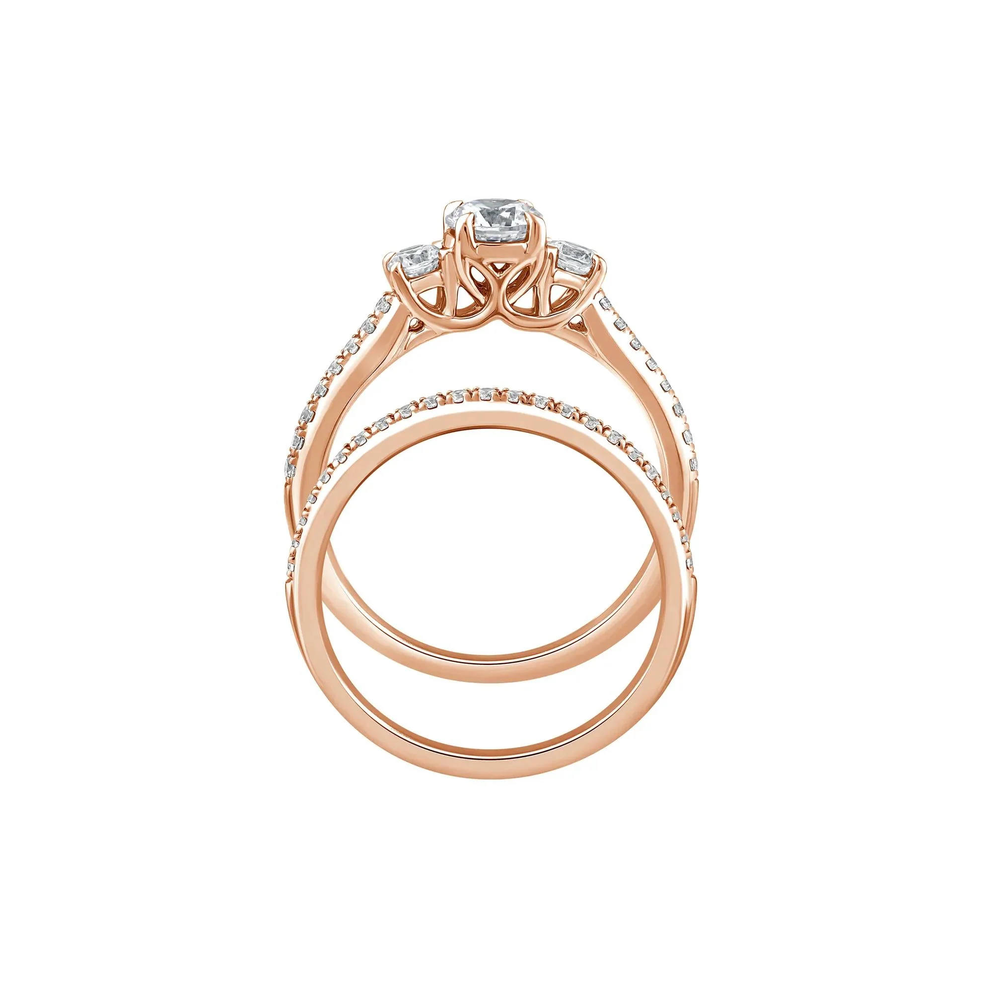 1 CT. Tw. Lab Grown Diamond Three-Stone Engagement Set 10K Rose Gold Ring Round Brilliant Cut Size 8 1mm - Image 2