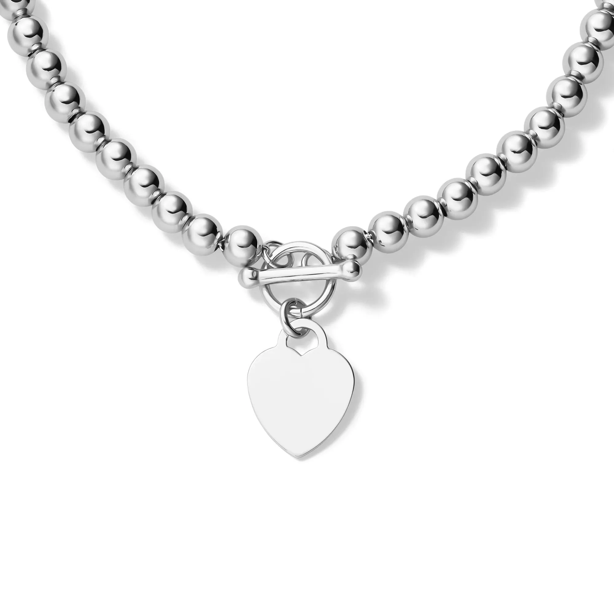 Heart Disc Bead Necklace .925 Sterling Silver White Size 18" - Image 2