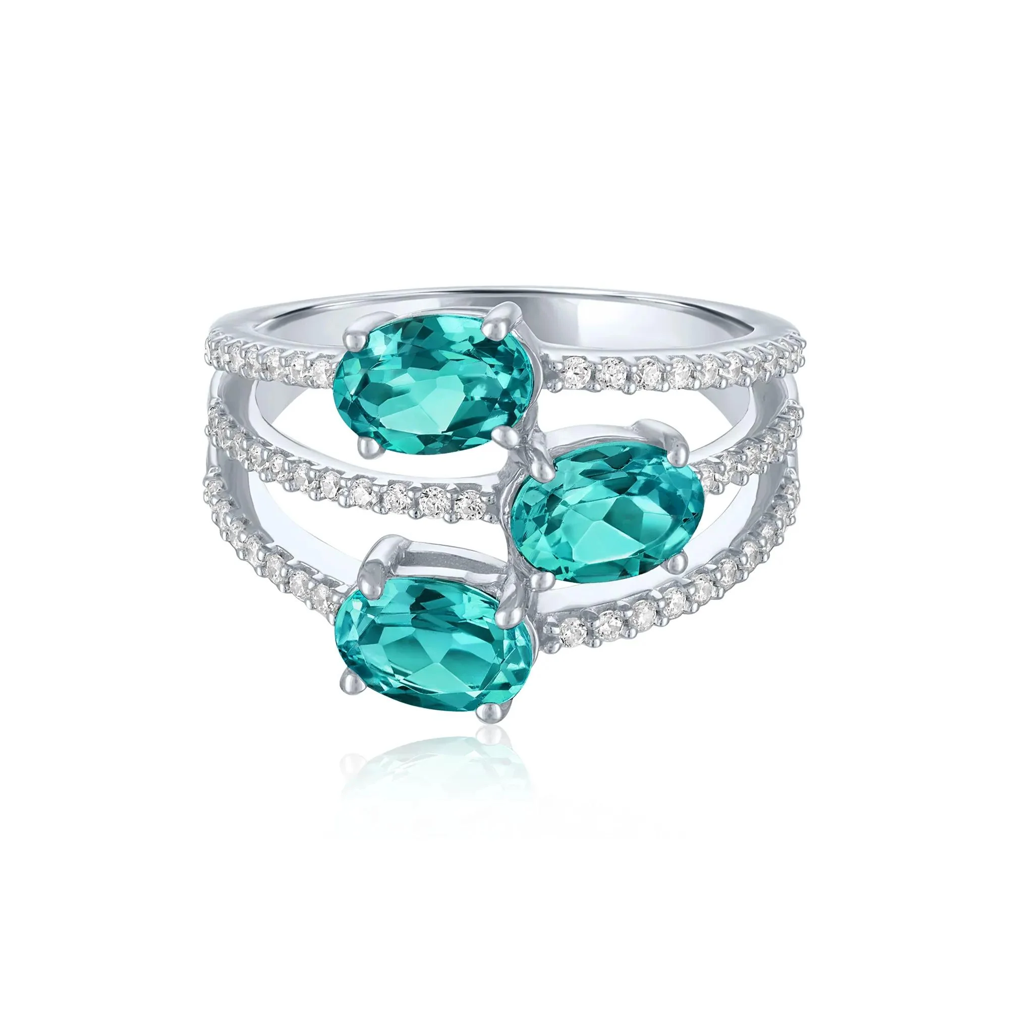 1/4 CT. Tw. Teal Apatite and Diamond Multi-Row Ring .925 Sterling Silver White Size 9 1mm - Image 3