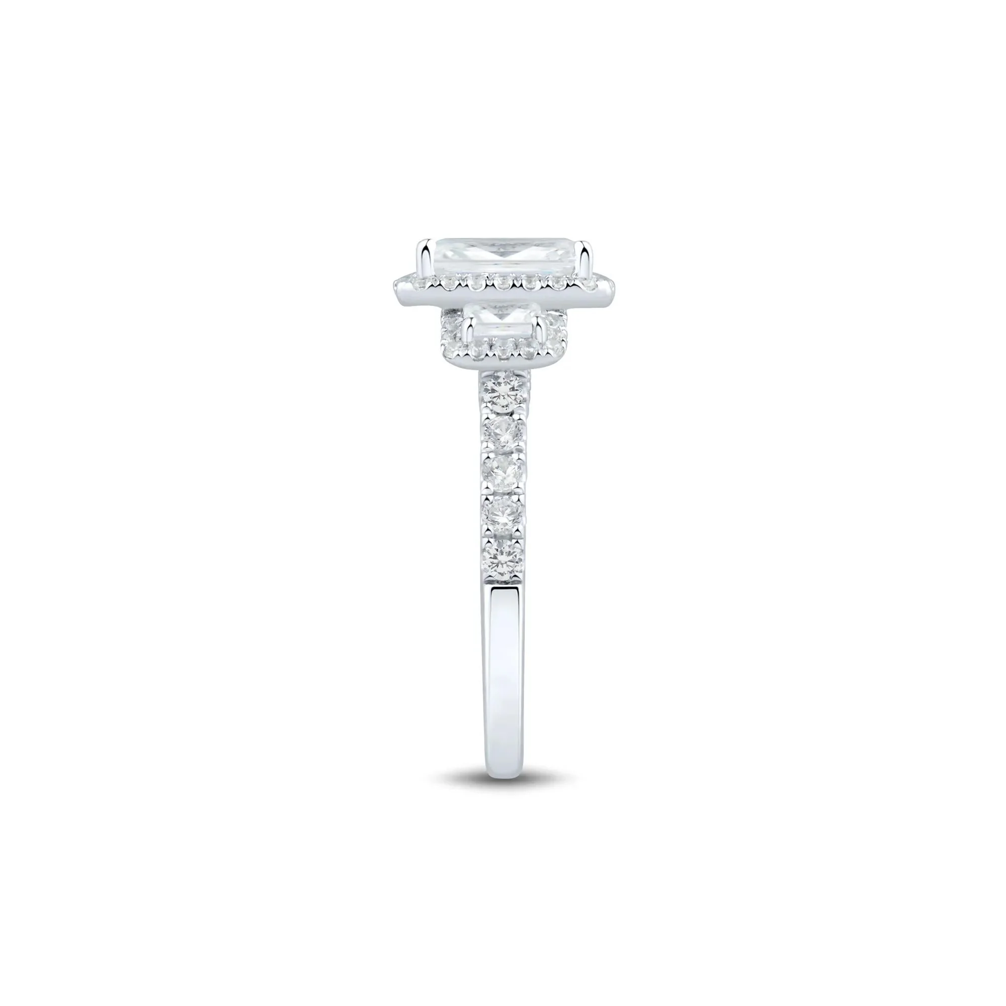 3 CT. Tw. Emerald-Cut Diamond Three-Stone Halo Engagement Ring 14K White Gold Round Brilliant Cut Size 8 1.5mm - Image 2